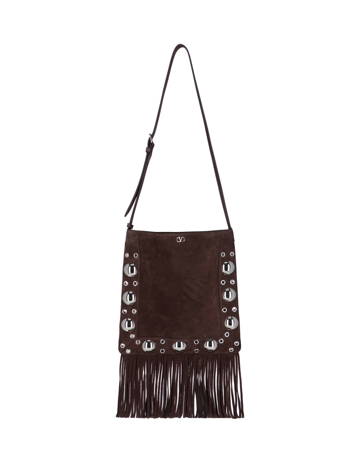 Valentino Fringed Suede Shoulder Bag With Adjustable Strap In Brown