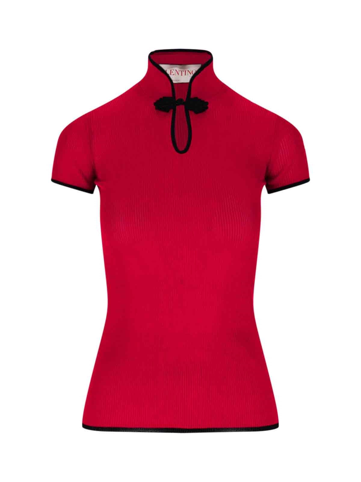Valentino Sleeves Detail Mandarin Collar Ribbed Texture In Red