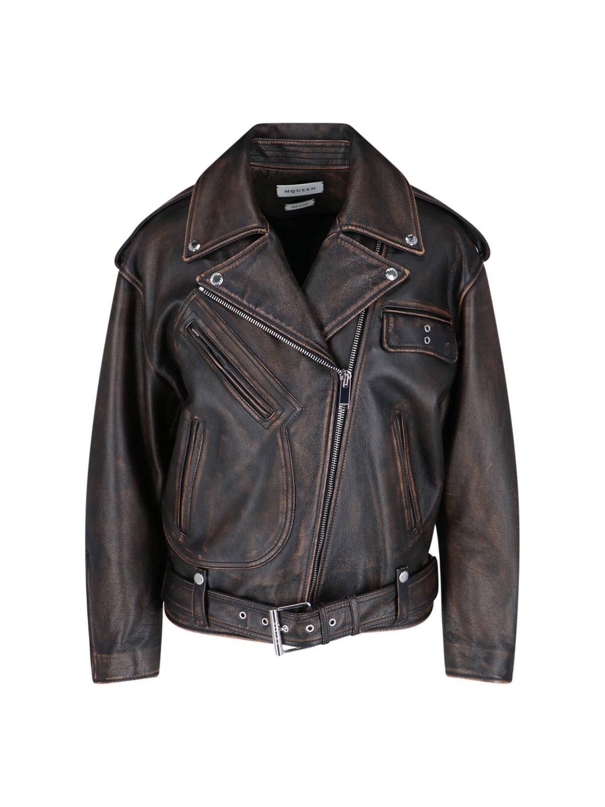 Alexander Mcqueen Oversized Antiqued Leather Biker Jacket In Brown