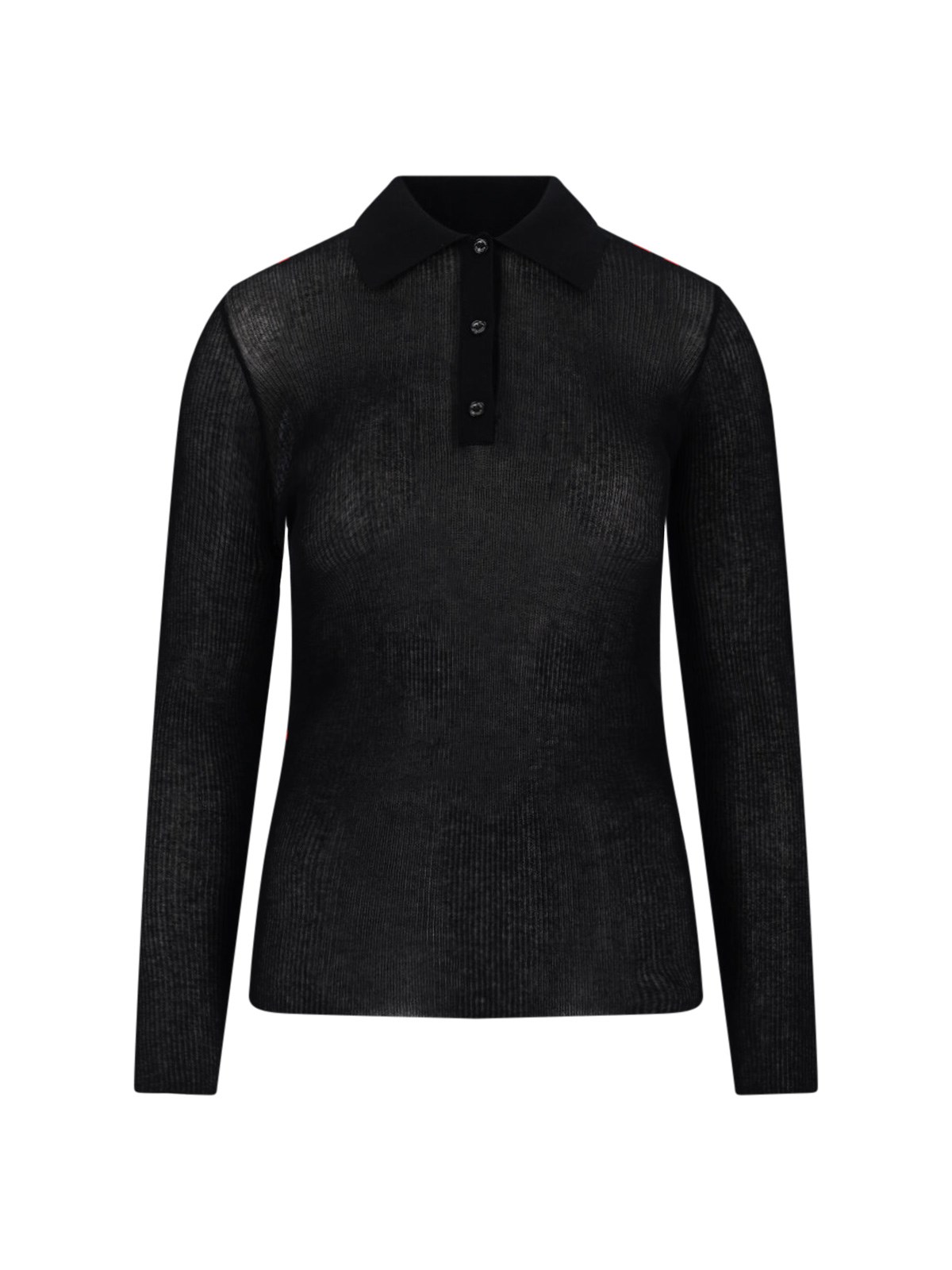 Moncler Sheer Ribbed Cotton Long-sleeve Polo In Black  