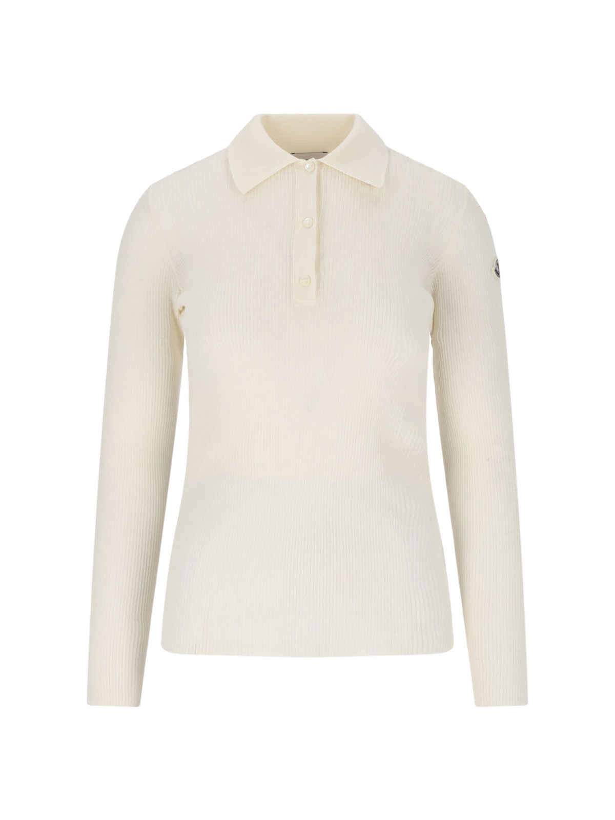 Moncler Sleeved Polo Collar Ribbed Texture Top In Cream