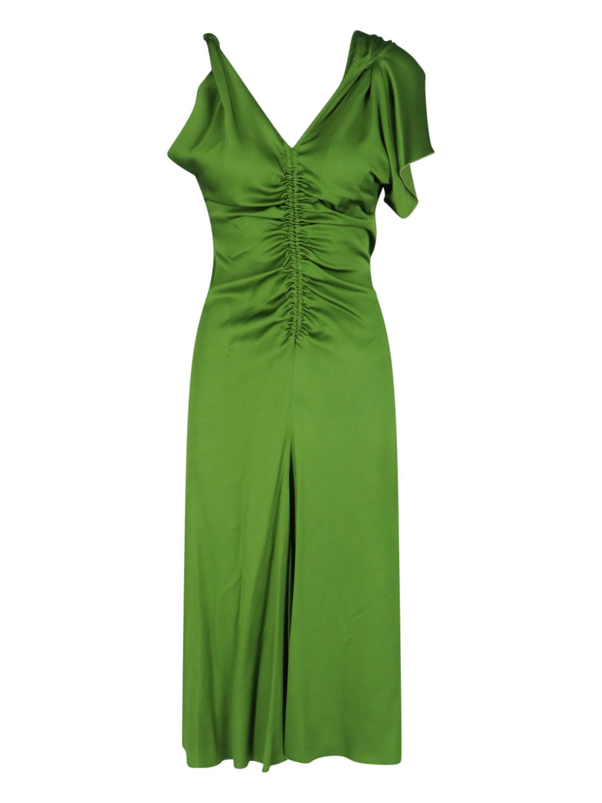 Victoria Beckham Asymmetric Ruched Midi Dress In Green