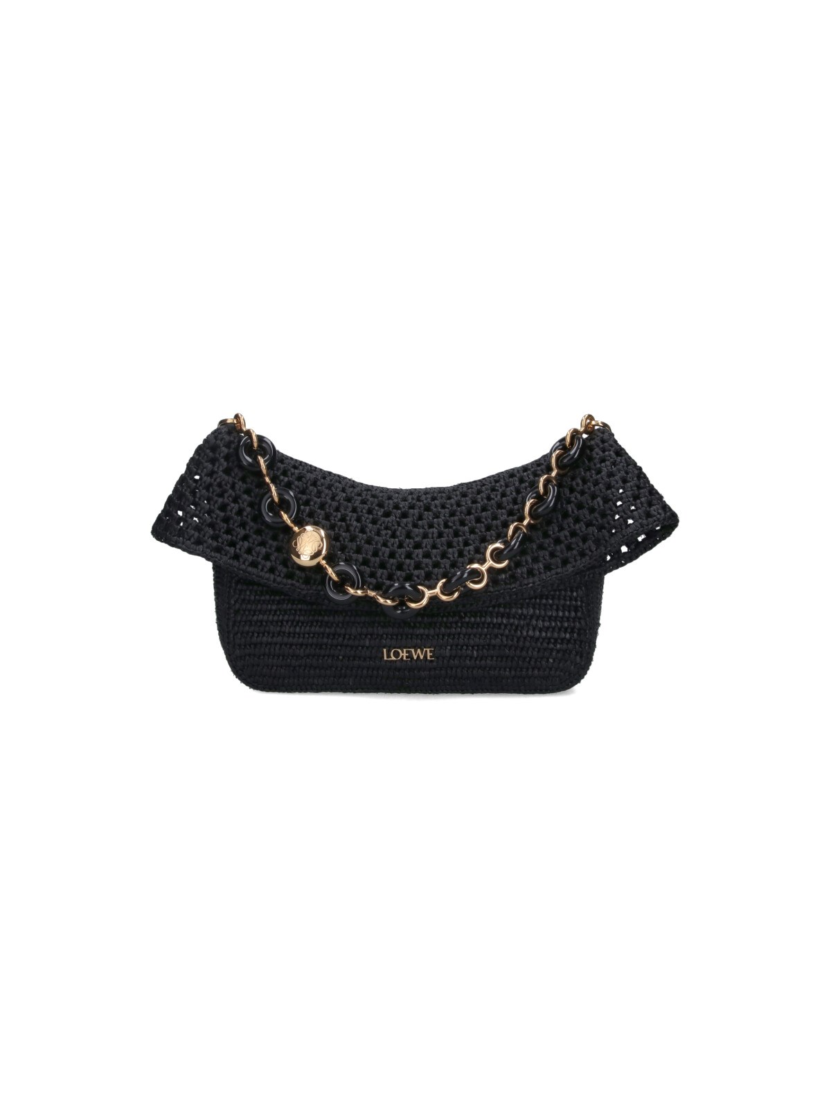 Loewe Medium Ola Shoulder Bag In Raffia And Calfskin In Black