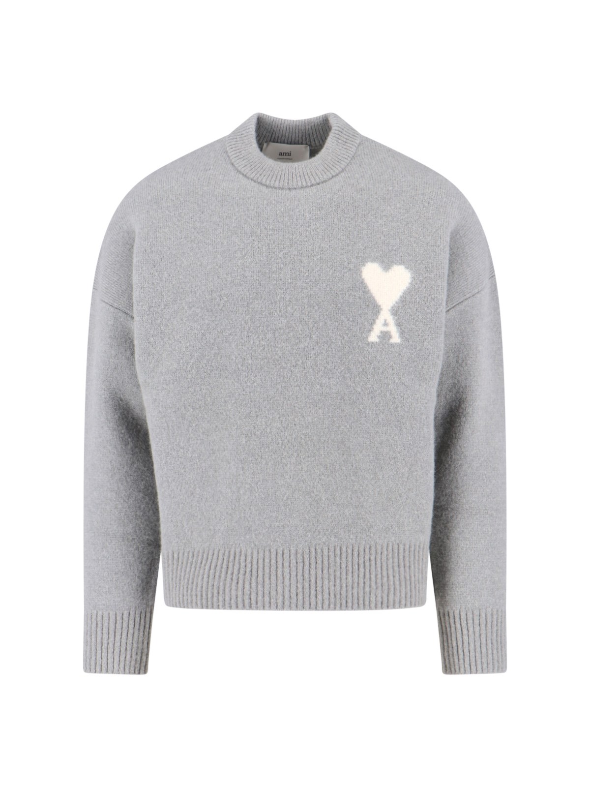 Ami Alexandre Mattiussi Ami Round Neck Sweater With Logo Detail And Ribbed Finishes In Gray