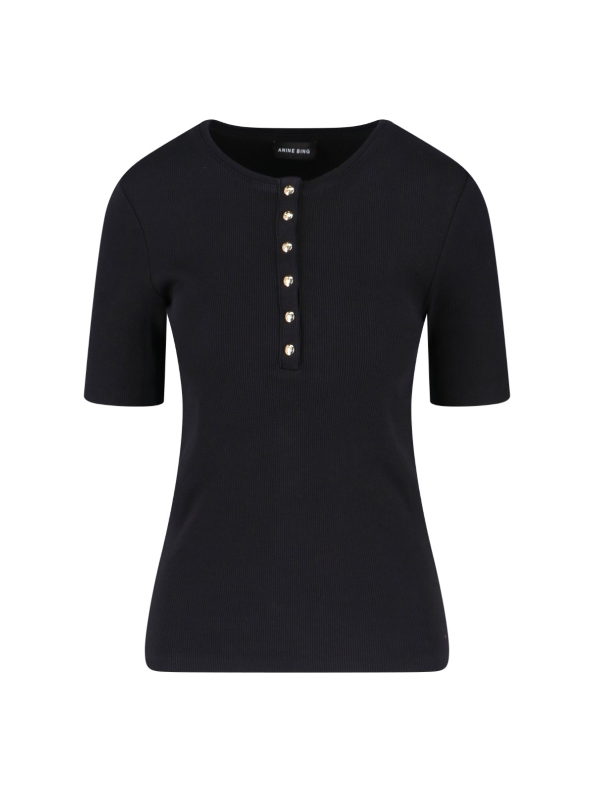 Anine Bing Ribbed Texture Round Neck Button Detailing Top In Black