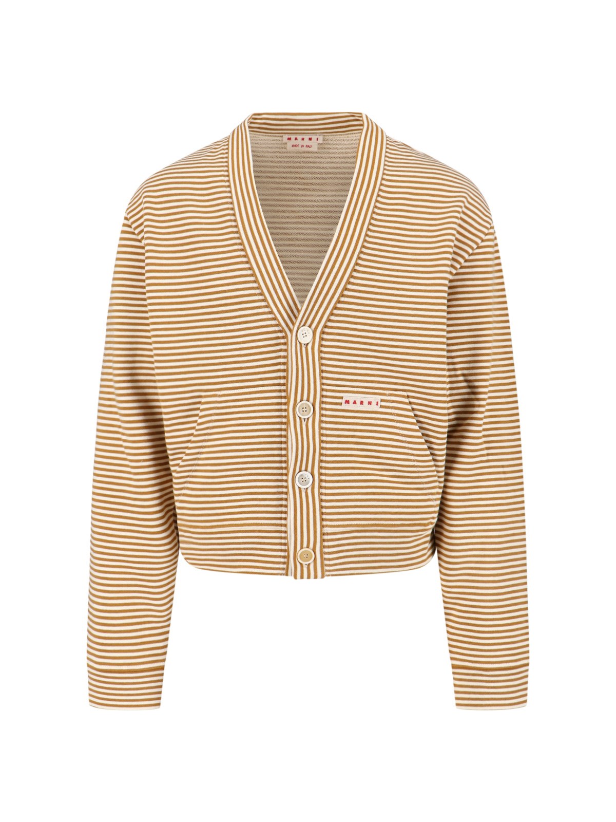 Marni Cropped Cardigan Sweater With Horizontal Stripes And Logo Detail In Neutral