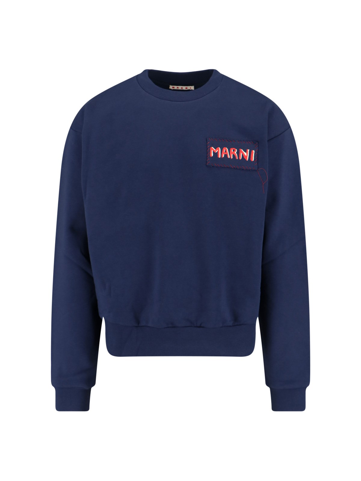 Marni Boxy Navy Blue Cropped Sweater With Bold Logo Patch In Blue