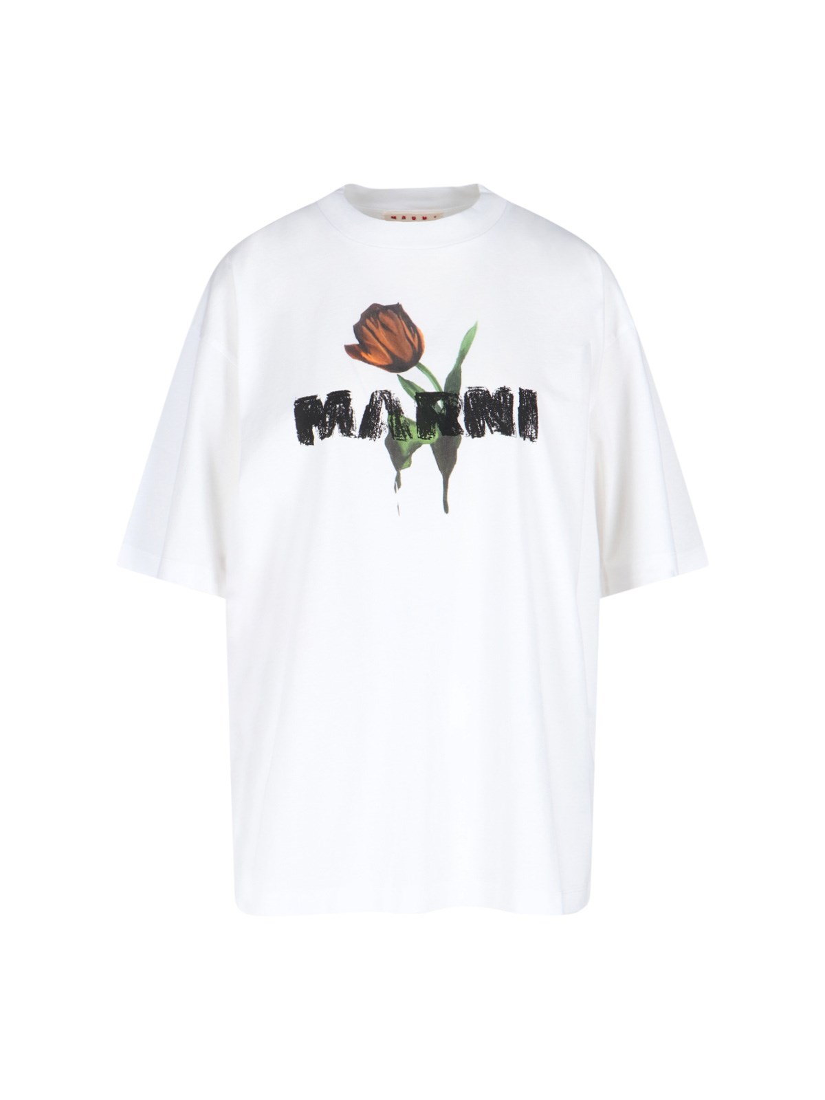 Marni White Crewneck T-shirt With Logo Lettering And Logo Print On The Front
