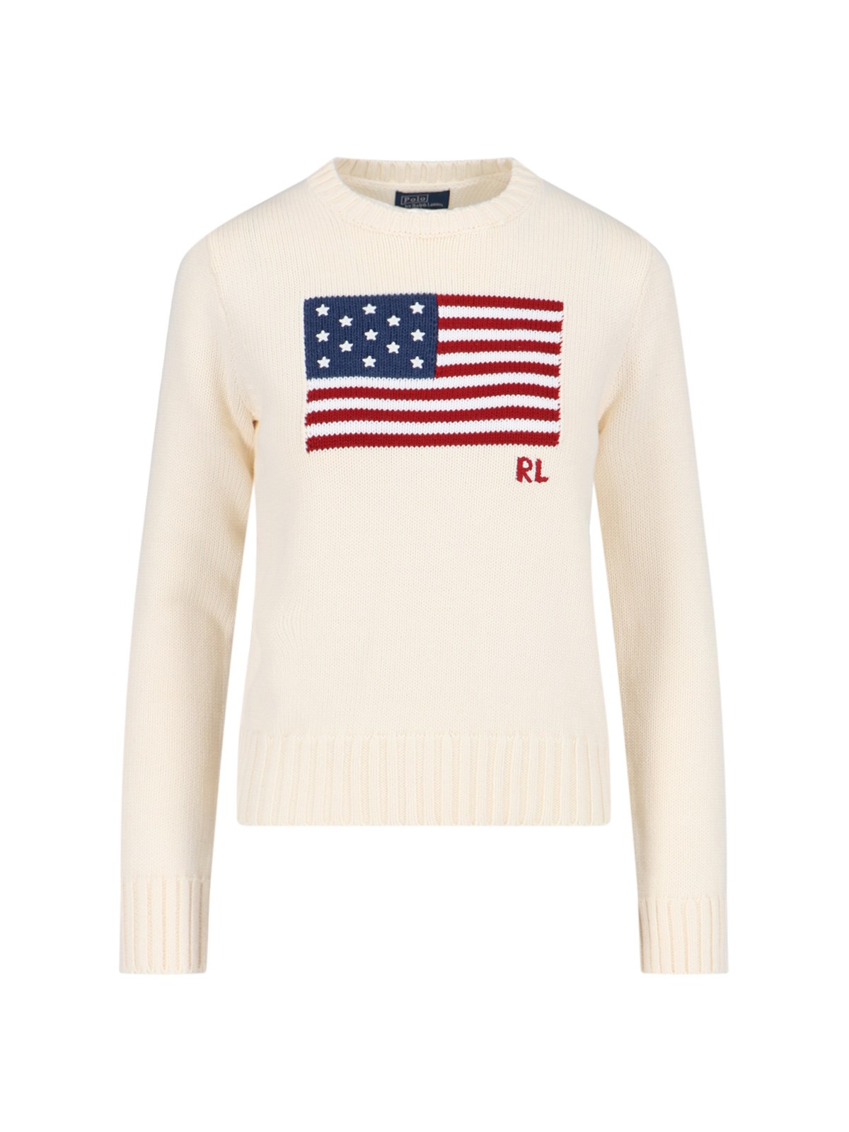 Polo Ralph Lauren Classic Crew Neck Pullover Sweater With American Flag Design In White