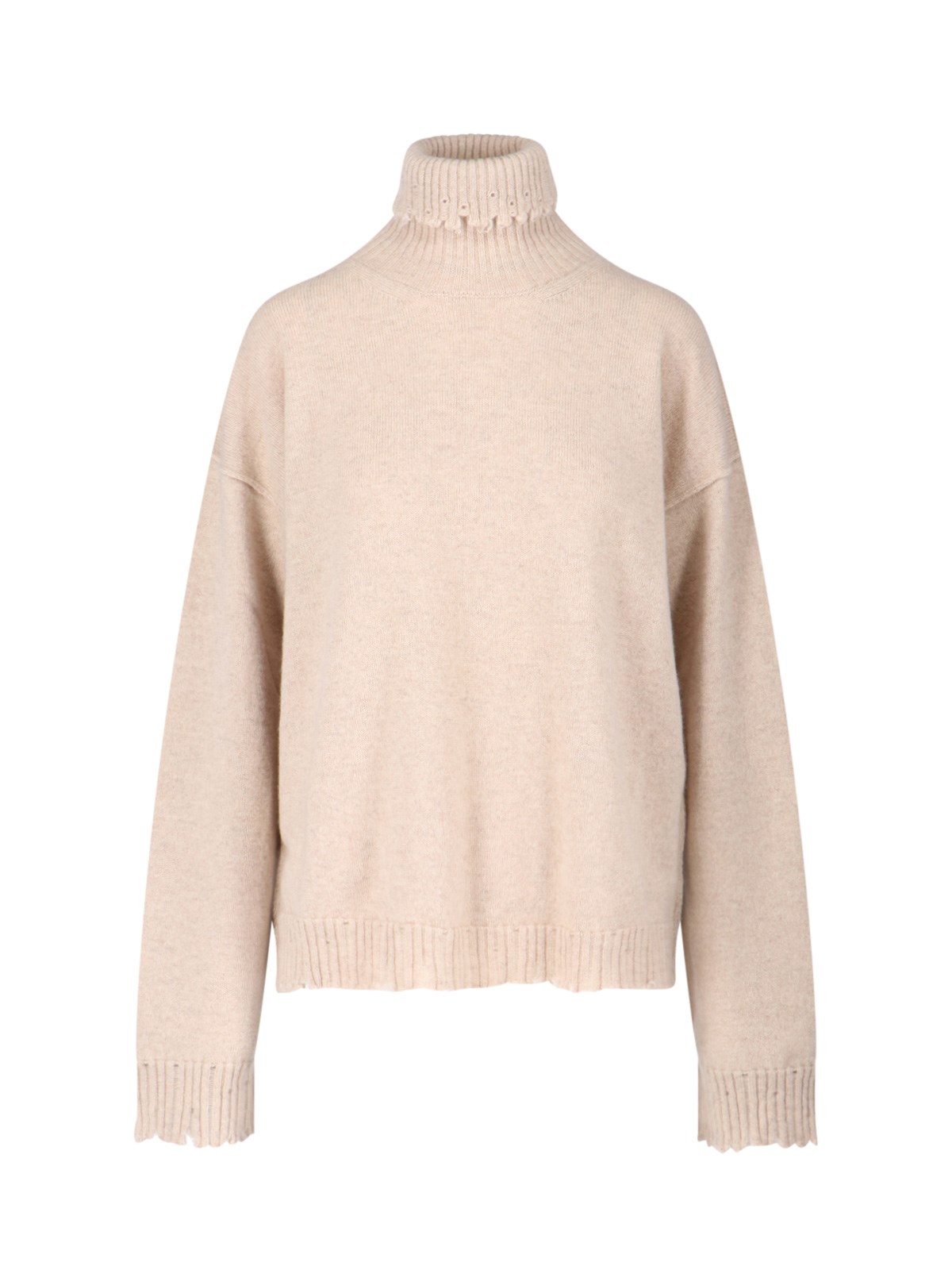 Uma Wang High Neck Cashmere Sweater With Frayed Edges In Sand