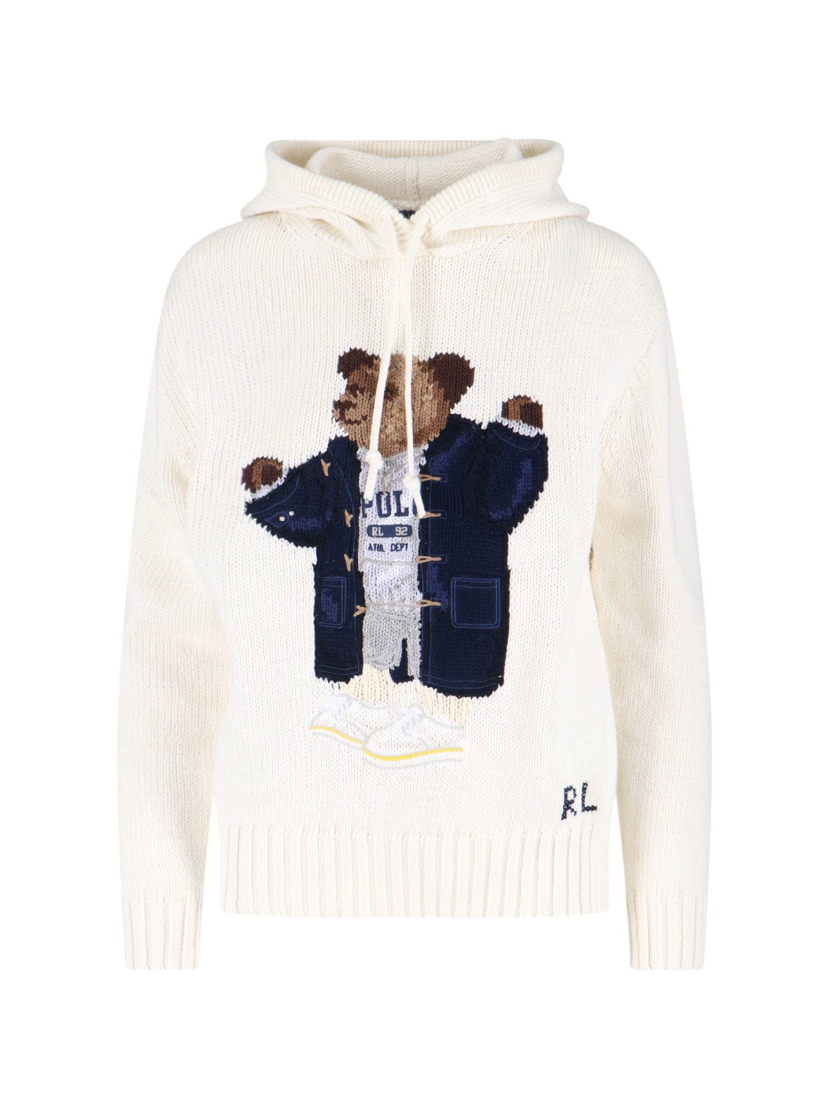 Polo Ralph Lauren Womens Parchment Cream Polo Bear-intarsia Hooded Cotton And Linen-blend Knitted Jumper Xs In White