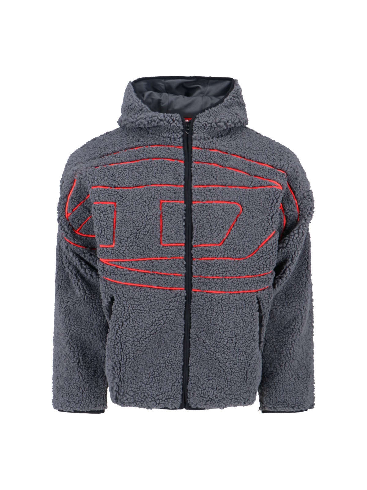 Diesel Textured Fleece Jacket With Bold Graphic Embroidery In Gray