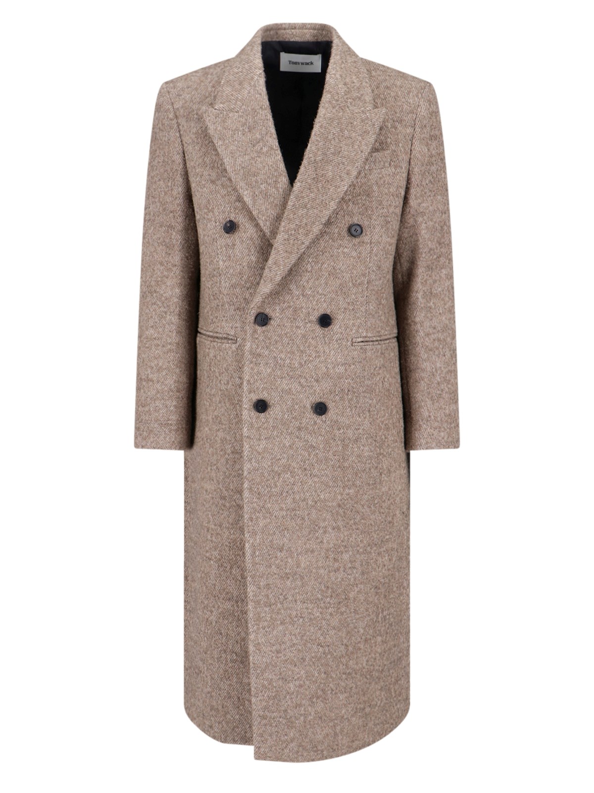 Tonywack Double-breasted Beige Wool Coat With Herringbone Texture In Brown