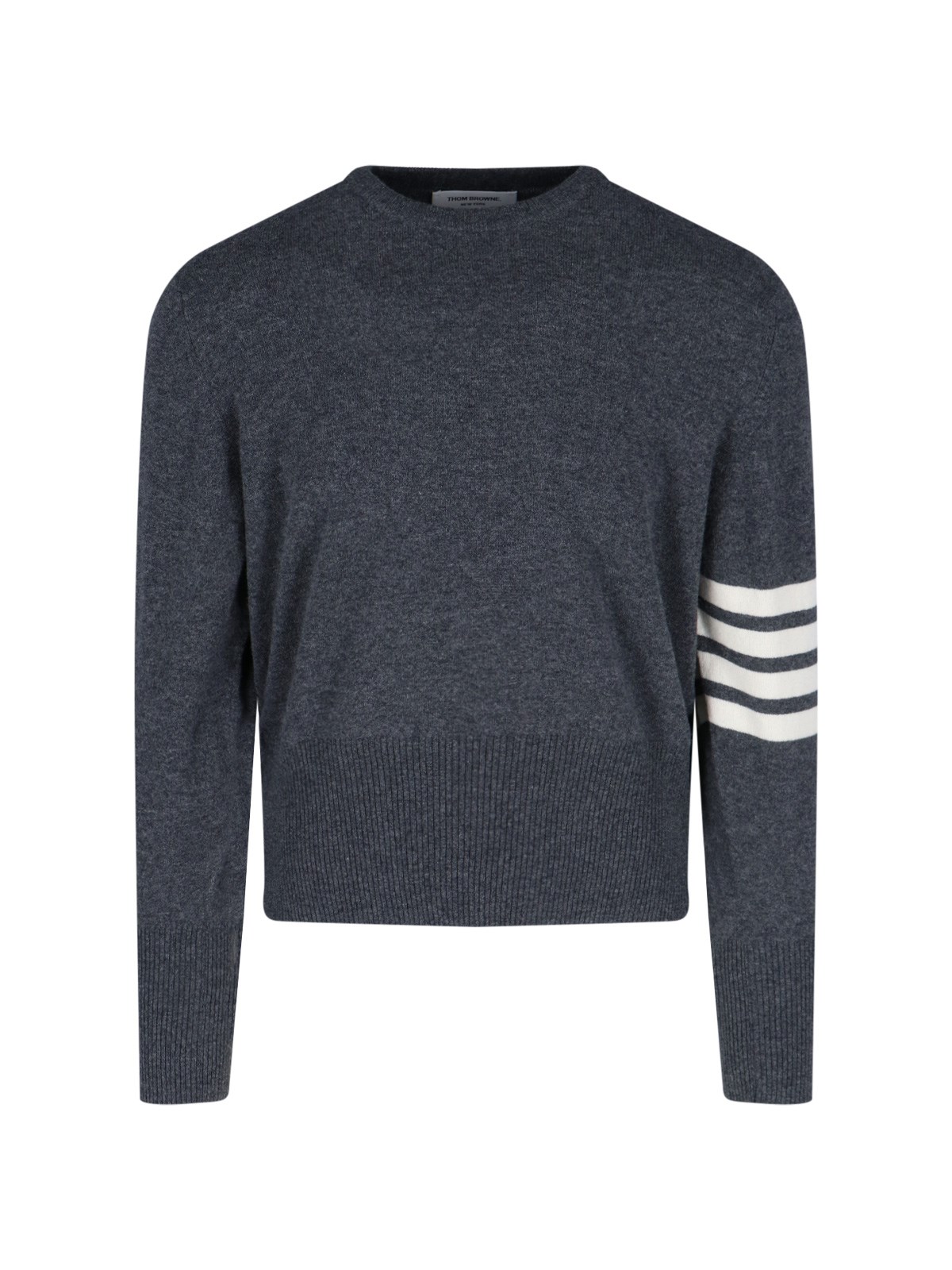 Thom Browne Crewneck Sweater With Ribbed Cuffs And Striped Sleeve In Gray