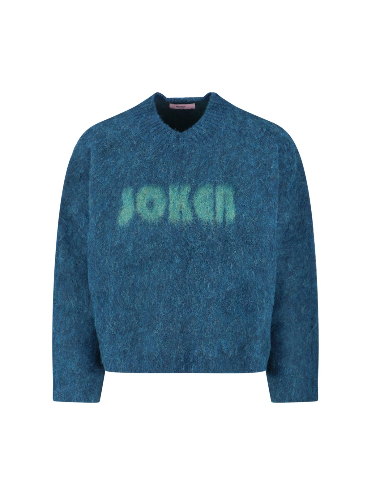 Martine Rose V-neck Mohair Sweater With Ribbed Trims And Prominent Logo In Blue
