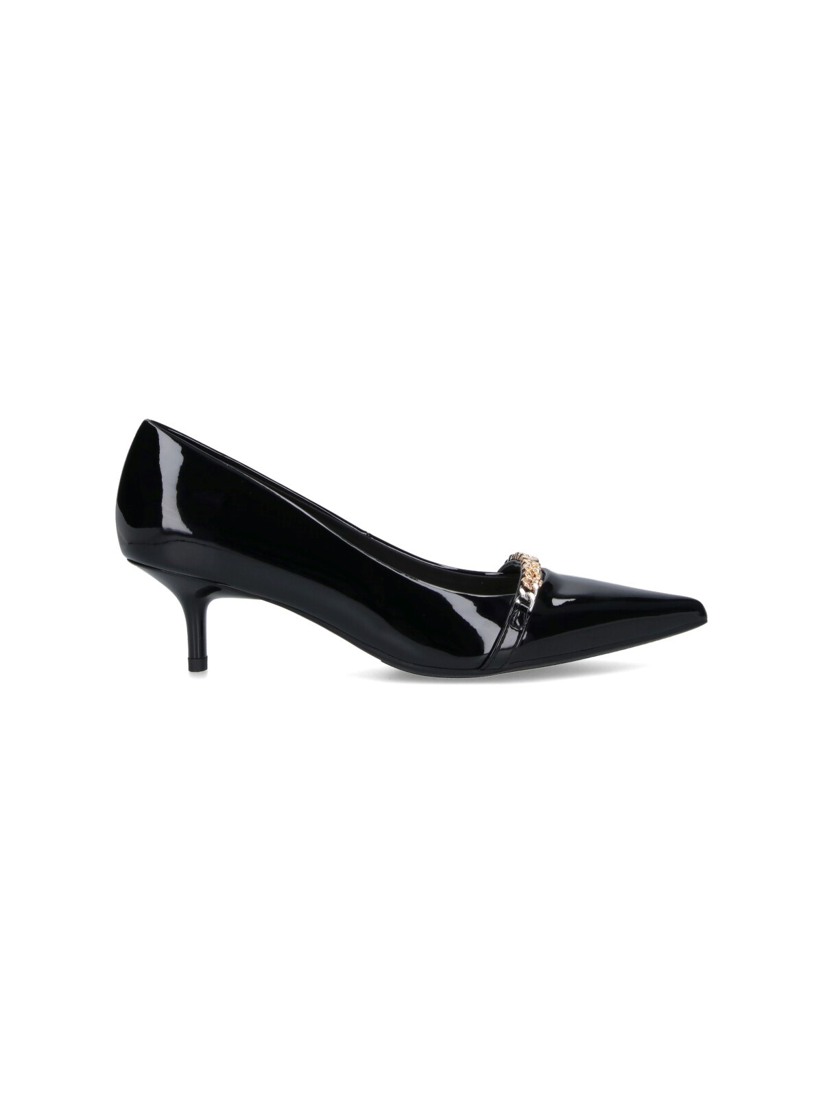 Pinko Glossy Leather Pump With Pointed Toe And Logo Chain Detail In Black