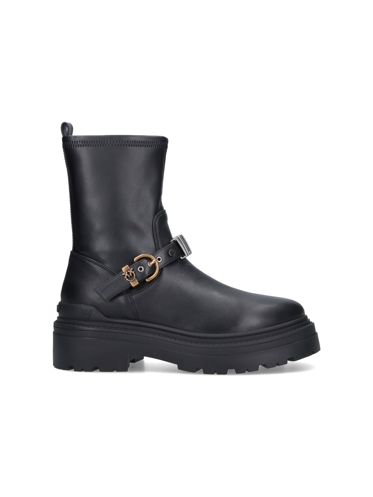 Pinko Rounded Toe Black Leather Ankle Boots With Front Strap In Black