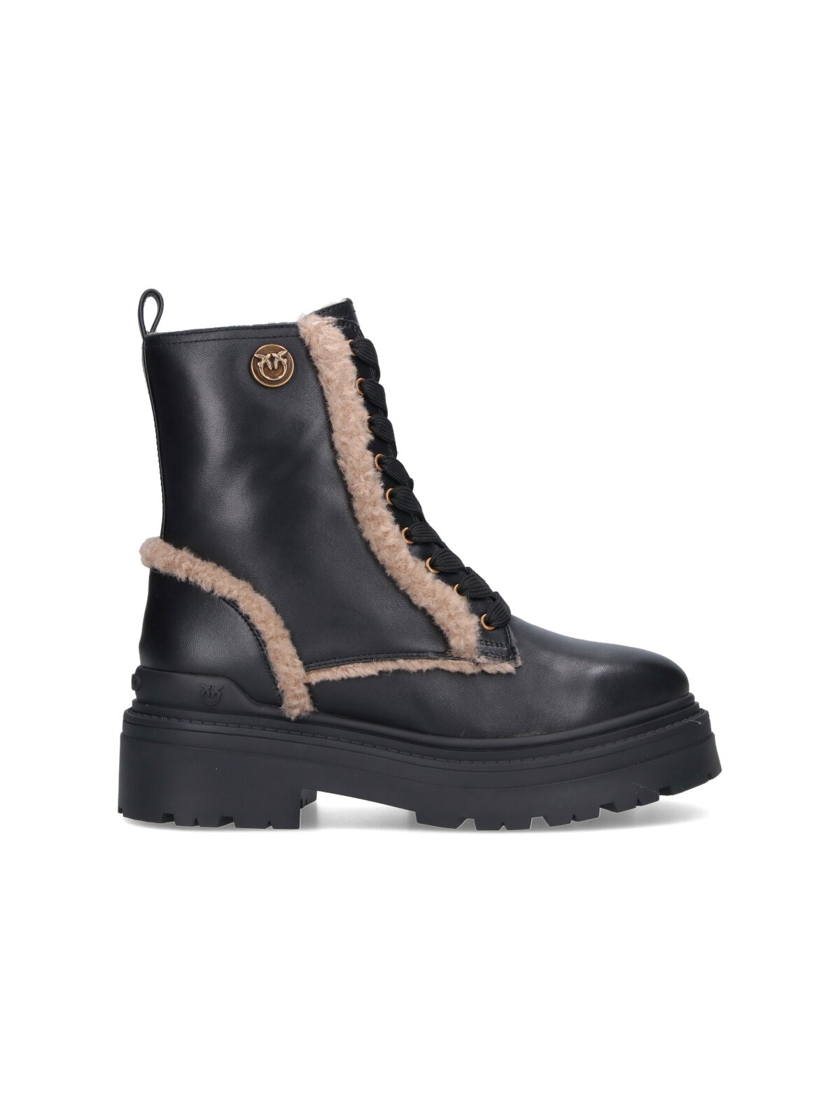 Pinko Black Leather Ankle Boots With Beige Shearling Details In Black