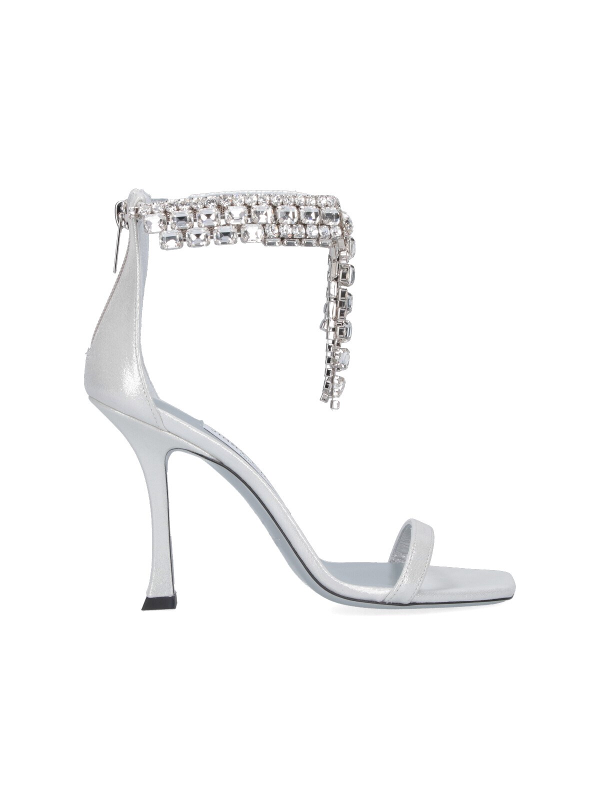 Jimmy Choo 'crystal' Metallic Sandals With Rhinestoned Ankle Strap And High Curved Heel In Silver