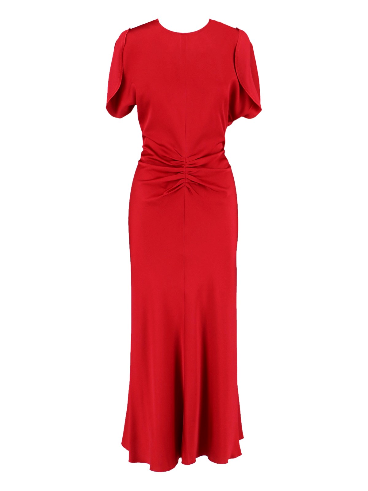 Victoria Beckham Red Crewneck Midi Dress With Gathered Waist And Rear Zip Closure In Red