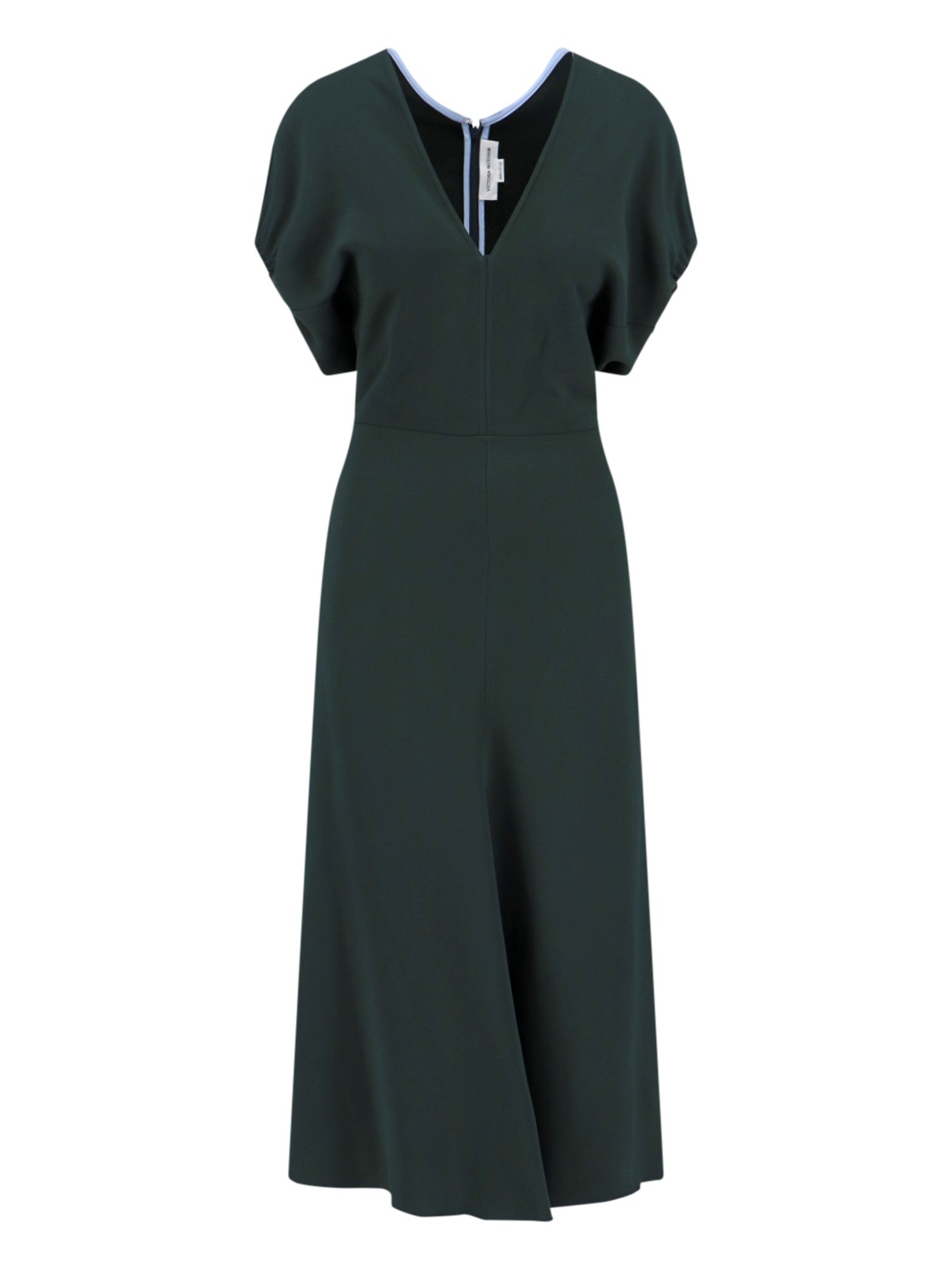 Victoria Beckham Green Midi Dress With Ruched Sleeves And V Neck