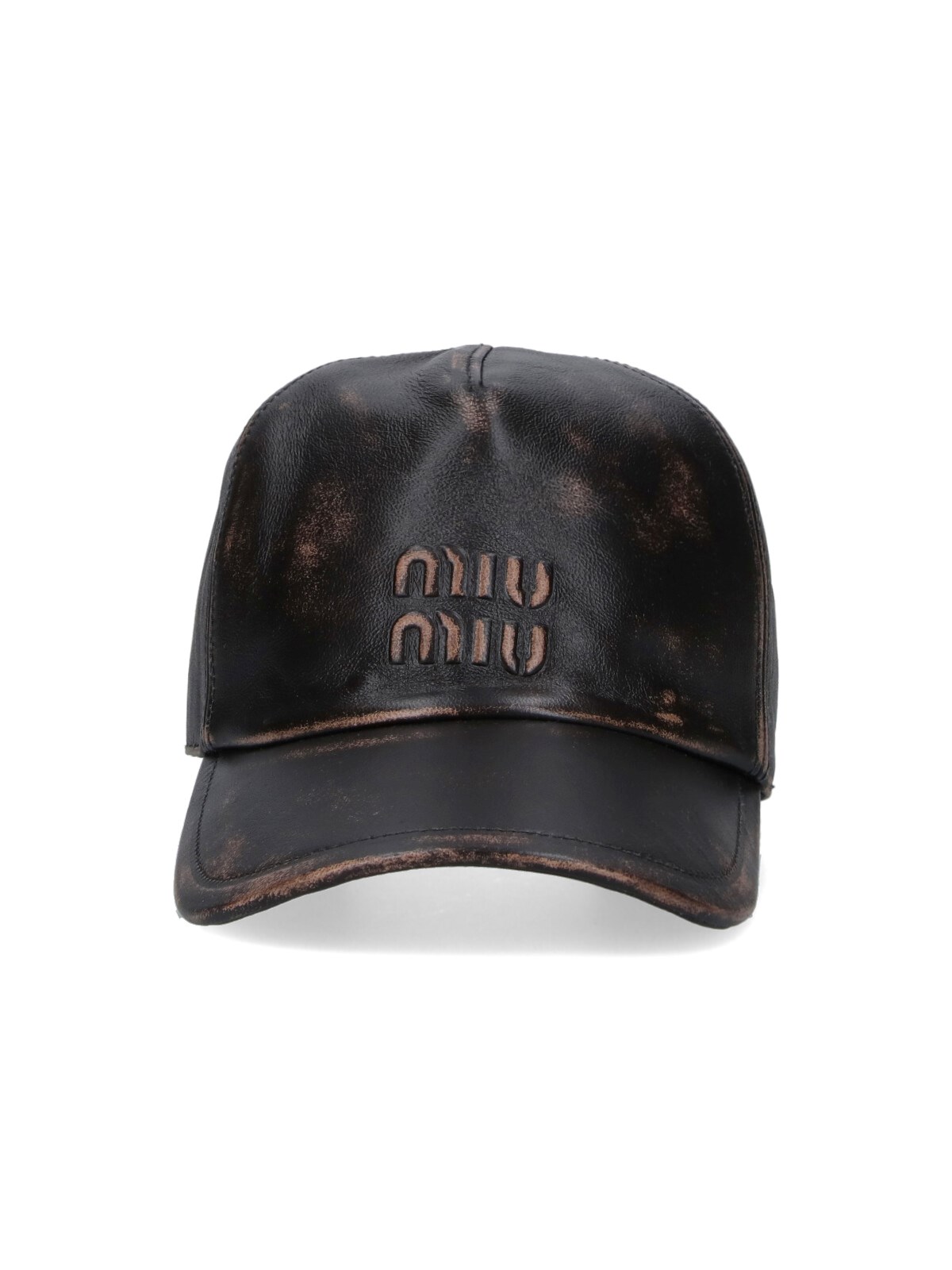 Miu Miu Dark Brown Nappa Leather Baseball Cap In Black