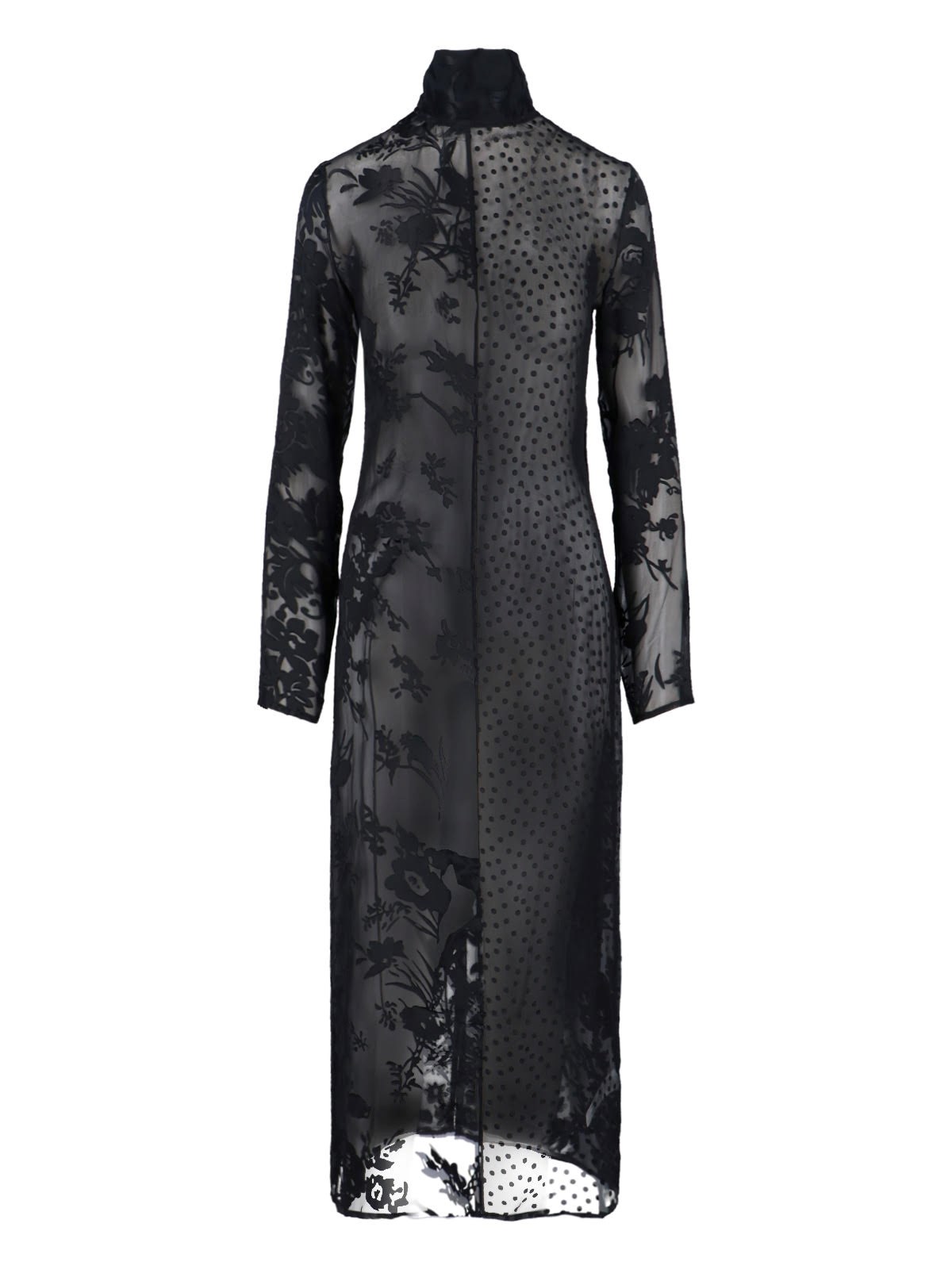 Marine Serre Sheer Black Midi Dress With Floral Patterns And Scarf Detail In Black