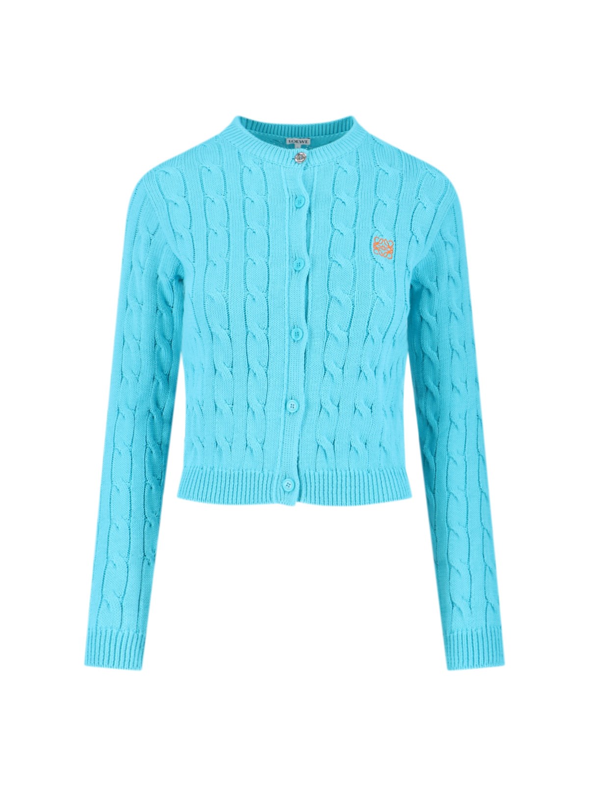 Loewe Contrast Anagram Cable Knit Crewneck Sweater In Blue