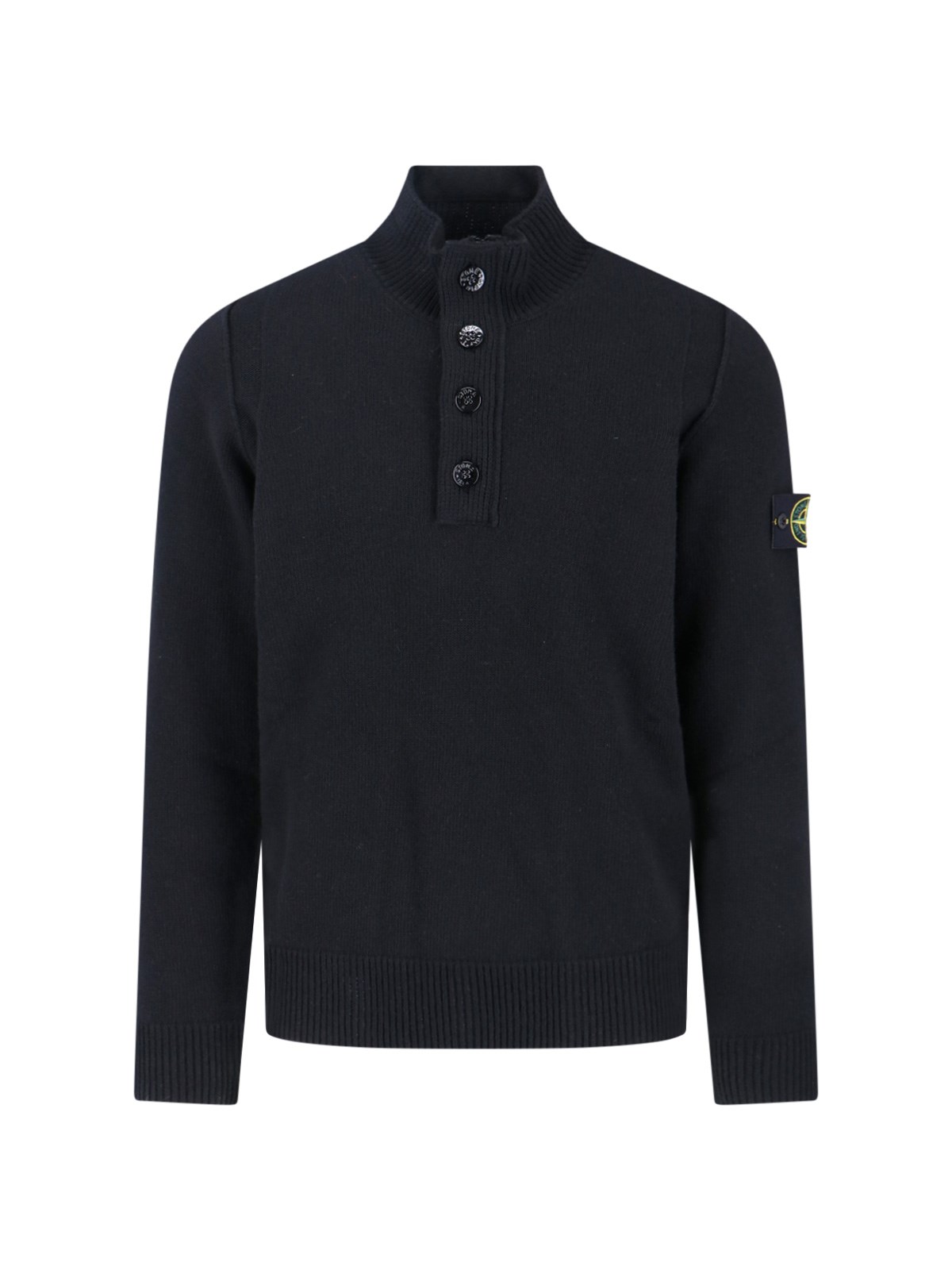 Stone Island High Collar Pullover With Buttoned Placket And Logo Patch In Black