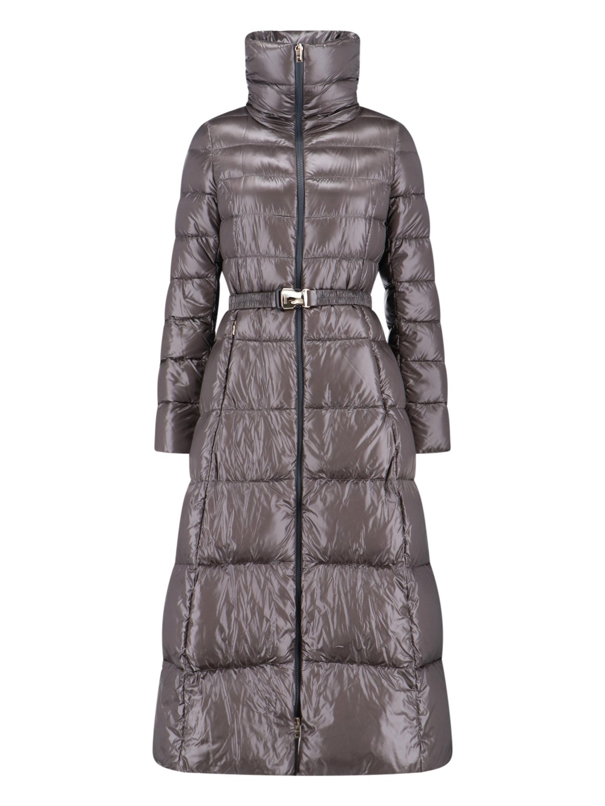 Herno Belted High Collar Long Quilted Shiny Jacket In Gray