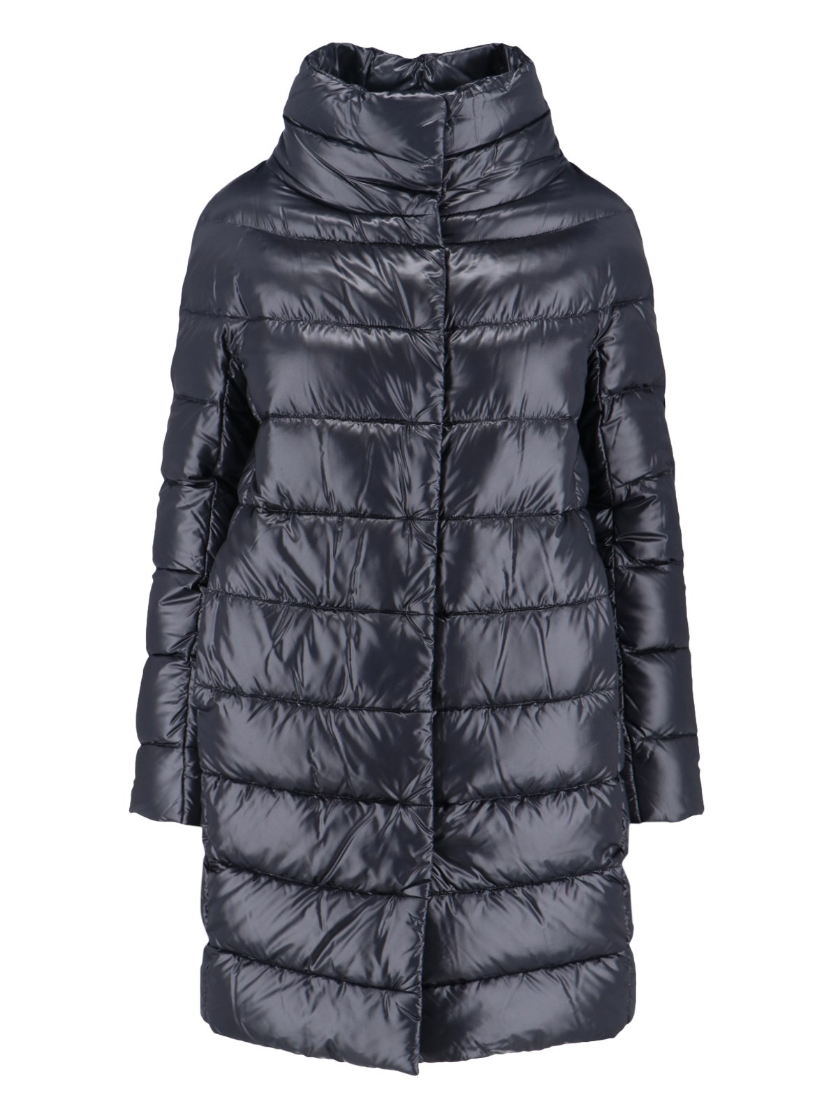 Herno Navy Long Puffer Jacket With High Collar In Black