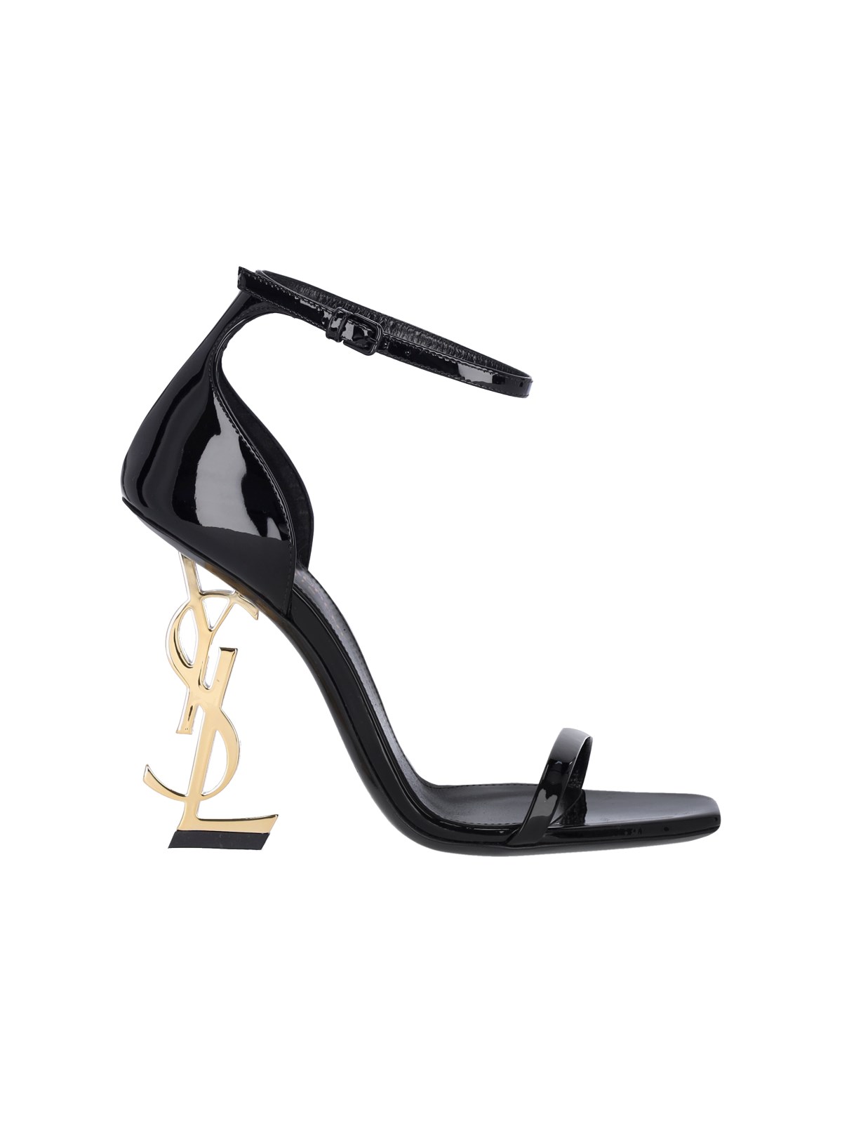 Saint Laurent Opyum Patent Leather Sandals With Structured Heel Featuring Metal Ysl Initials And Adj In Black