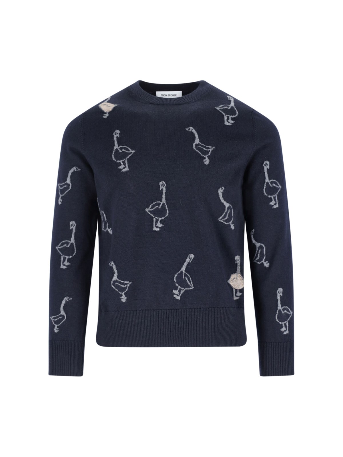 Thom Browne Goose Pattern Long Sleeve Crew Neck Sweater In Blue