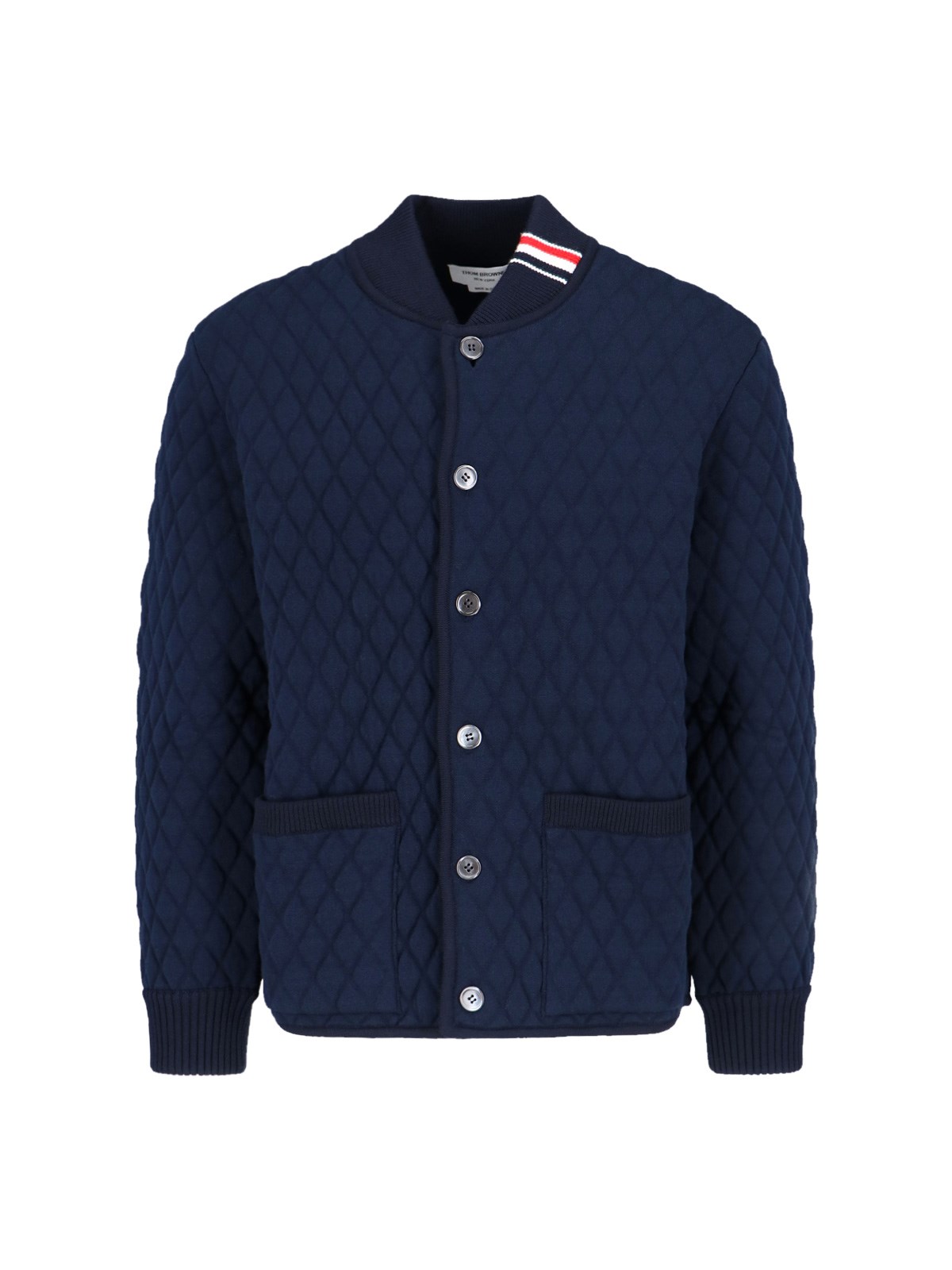 Thom Browne Blue Quilted Jacket With Bomber Collar And Logo Embroidery On The Collar In Black