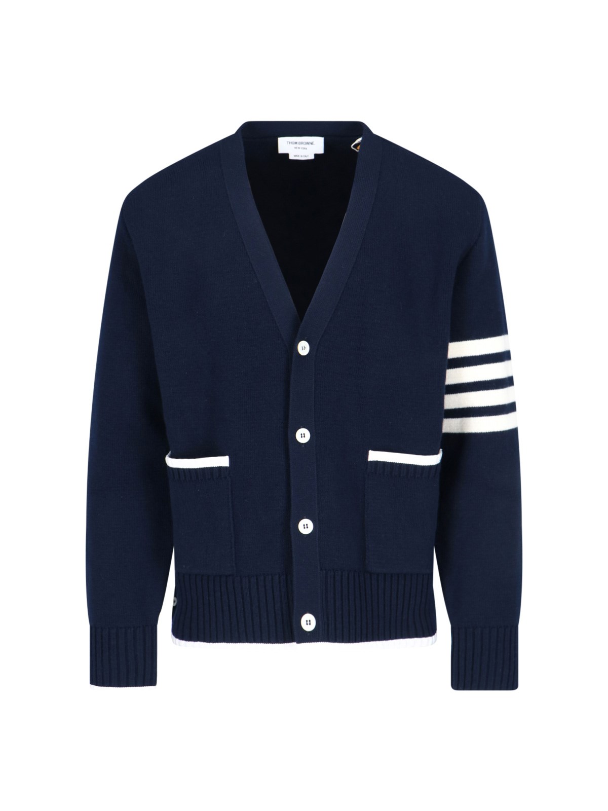Thom Browne Blue Cardigan With V Neck And Maxi Logo On The Sleeve
