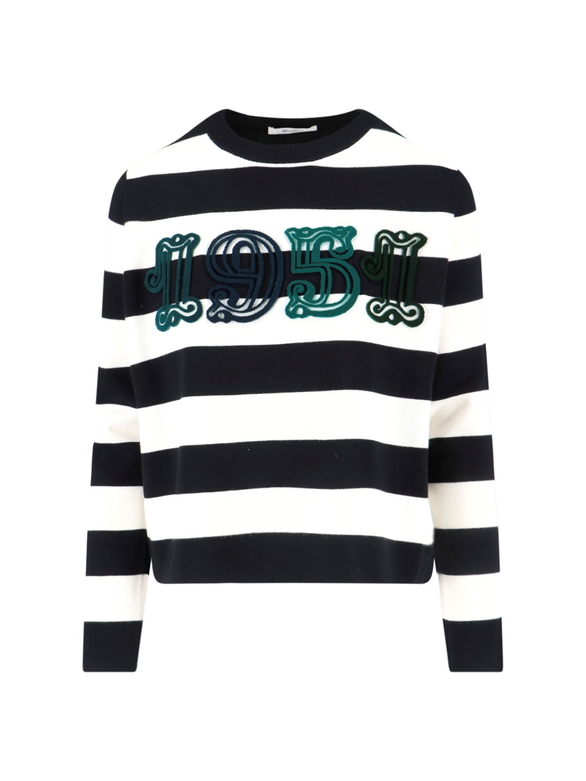Max Mara Striped Cream Wool Sweater With Embroidered Logo Detail In Black