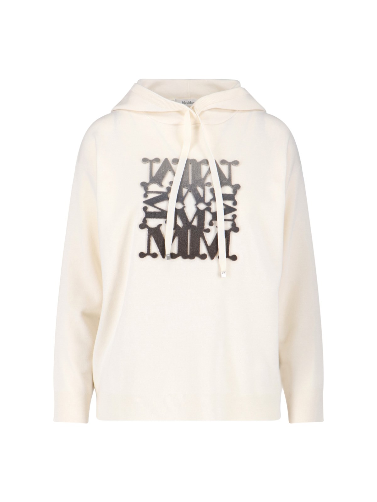 Max Mara Virgin Wool Hoodie With Teddy Texture And Contrast Logo In Neutral