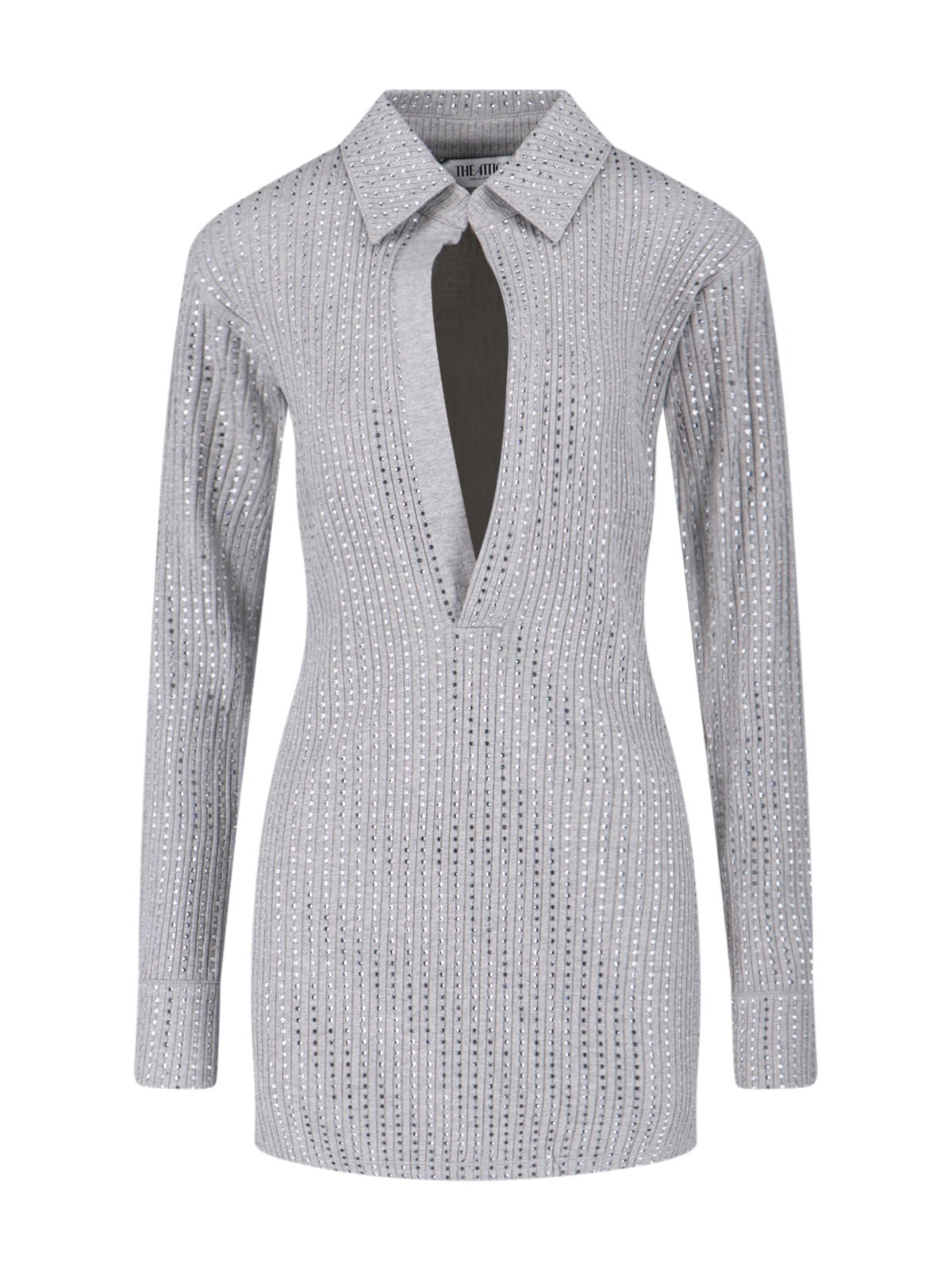 Attico Fitted Grey Mini Dress With Reflective Embellishments In Multi