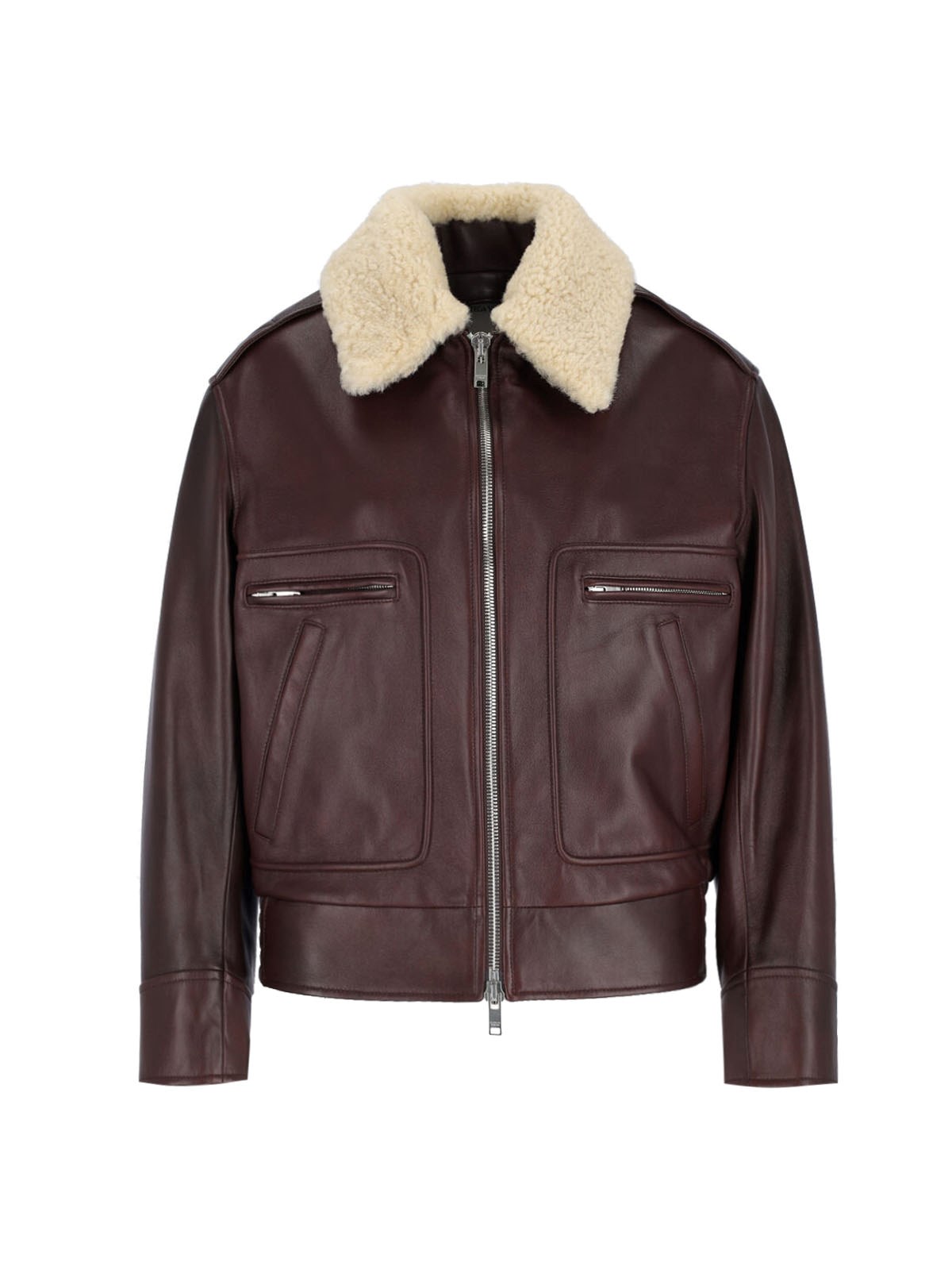Bottega Veneta Brown Shearling Coat With Removable Fur Collar And Front Zip Closure In Leather Woman In Burgundy