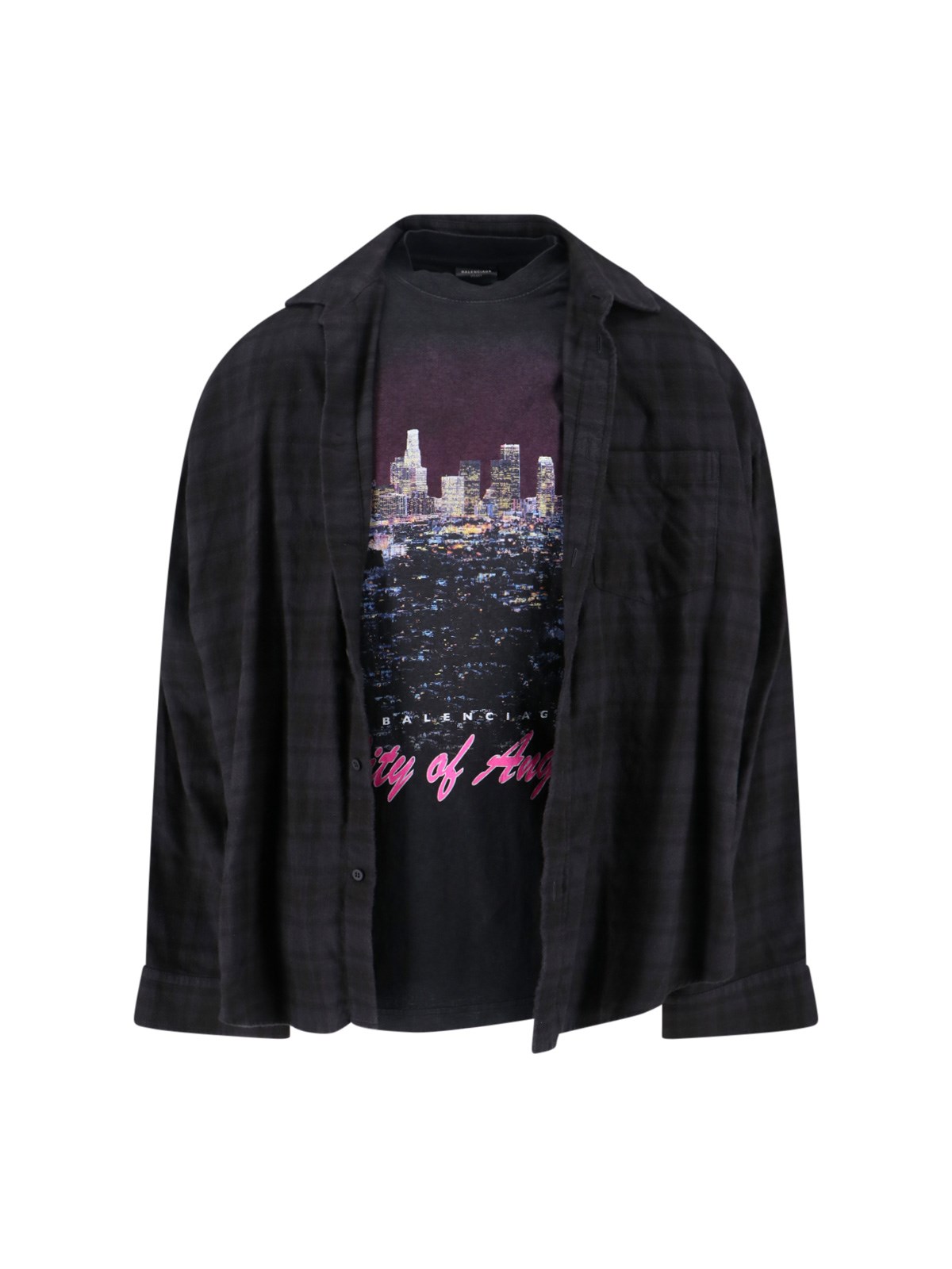 Balenciaga Layered Distressed Long Sleeve Graphic Shirt In Black