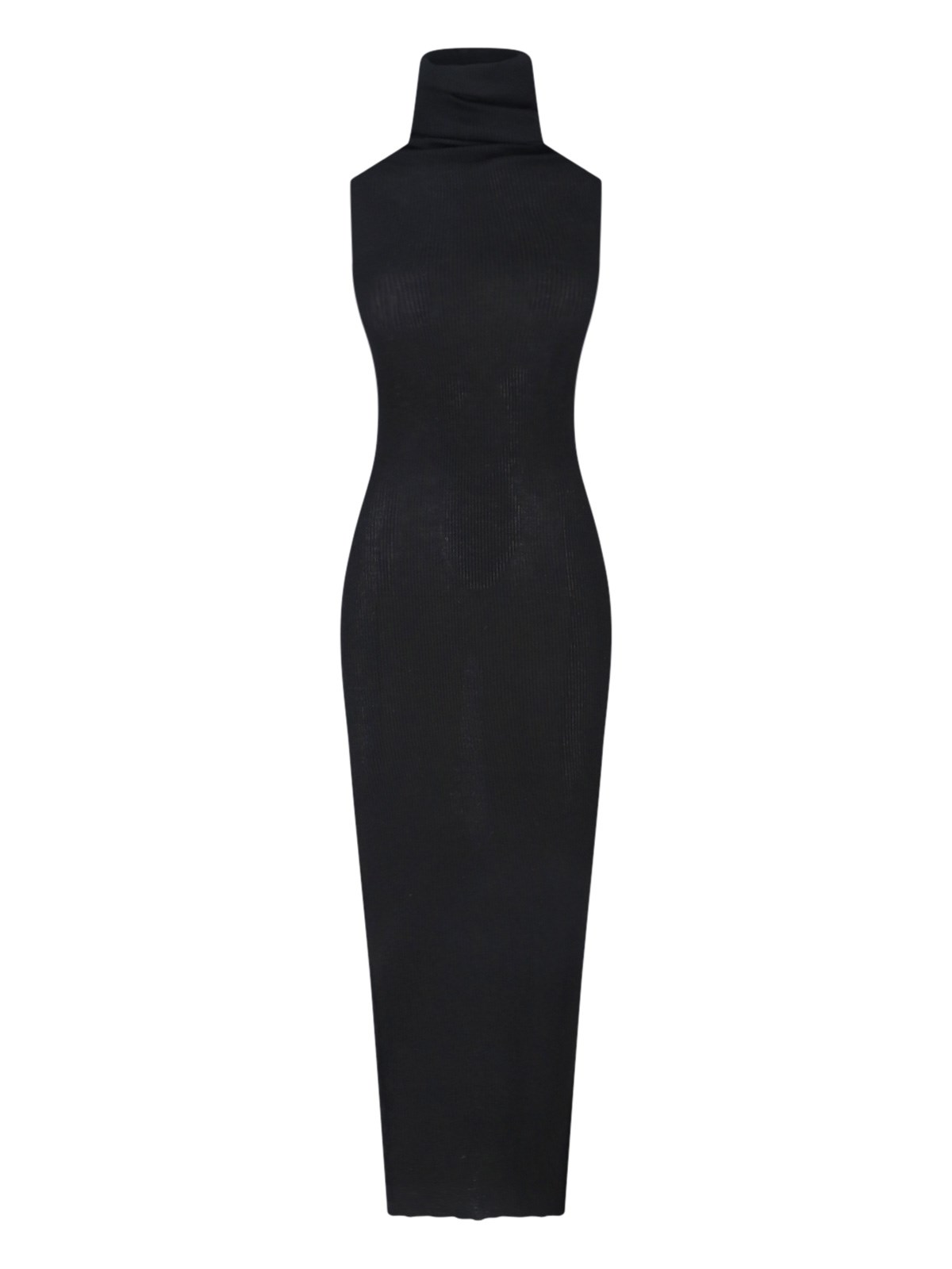Rick Owens Ribbed Texture Turtleneck Knee Length Dress In Black