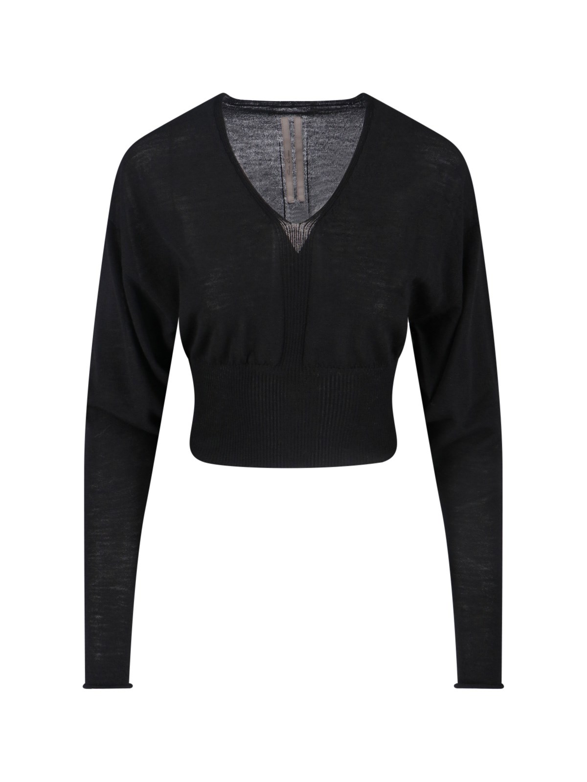 Rick Owens Cropped Long Sleeve Sheer Top V-neck In Black