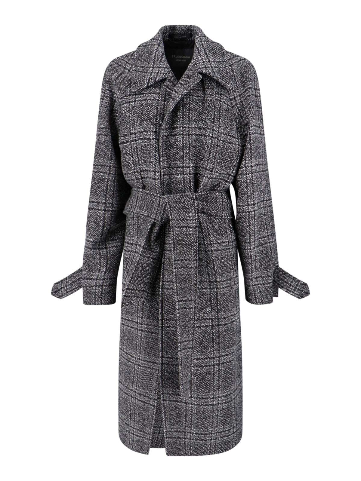 Balenciaga Check Oversize Wool Belted Coat In Gray
