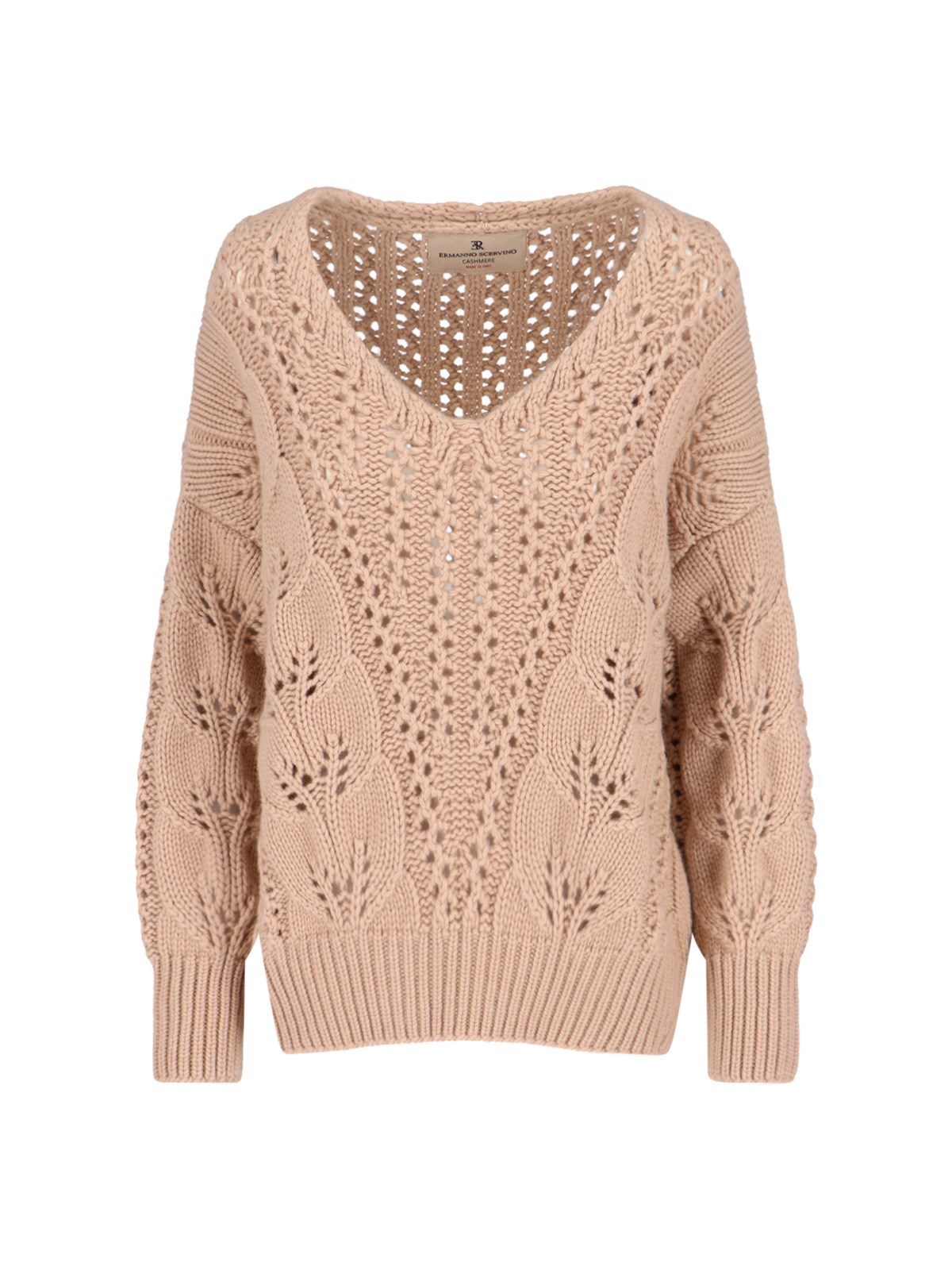 Ermanno Scervino Cashmere Sweater With Openwork Floral Design And V-neckline In Neutral