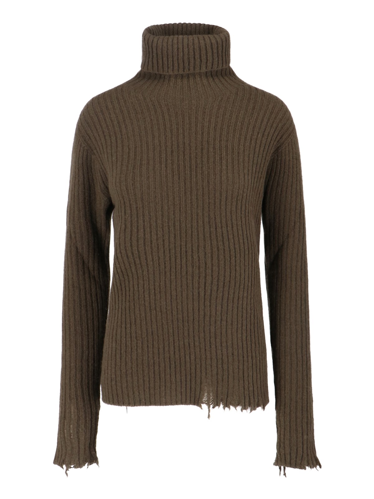 Uma Wang Ribbed Turtleneck Top Distressed Hem In Brown