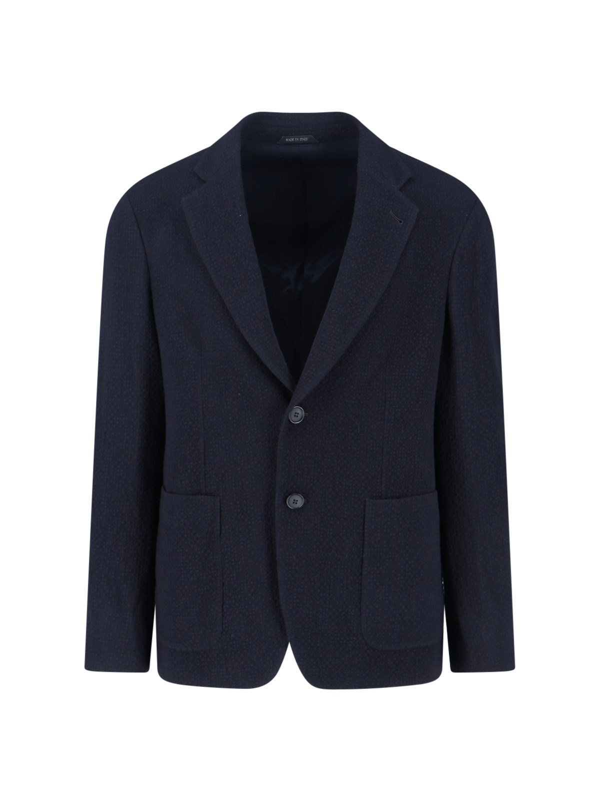 Giorgio Armani Textured Navy Blazer With Classic Lapel And Tailored Silhouette In Blue