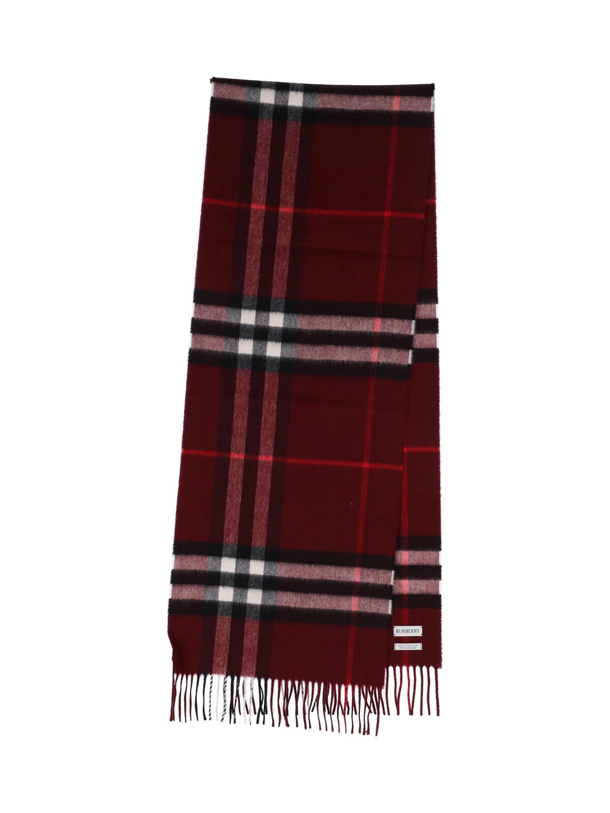 Burberry Check Patterned Cashmere Scarf Fringed Edges In Burgundy