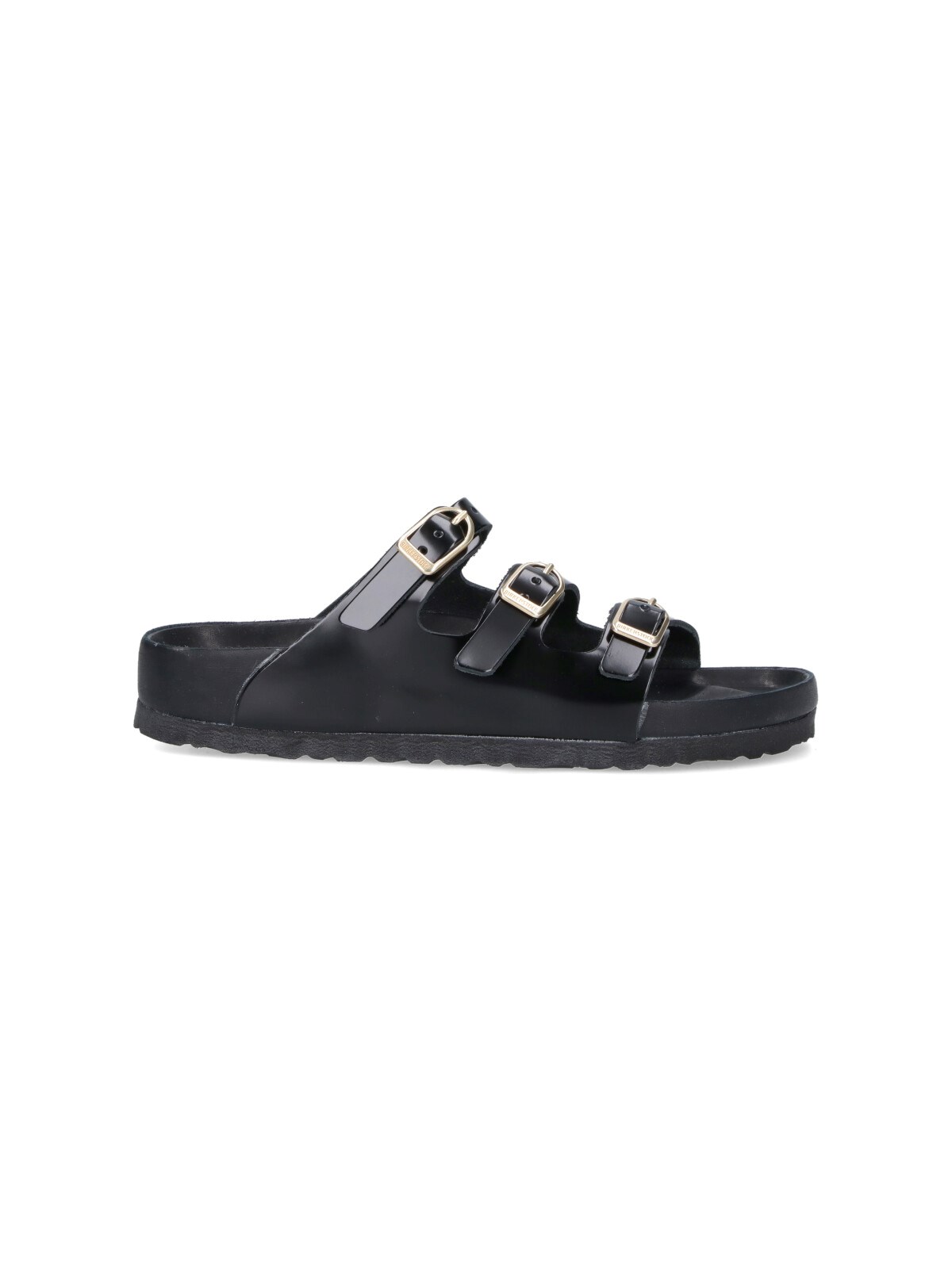 Birkenstock Arizona Sandalwood In Black Patent Leather With Three Buckles In Black