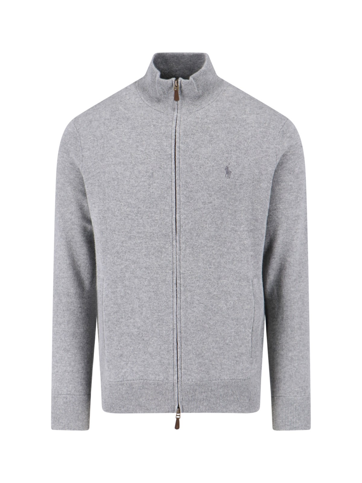 Polo Ralph Lauren High Collar Zip-up Polo Sweater With Ribbed Finishes In Gray
