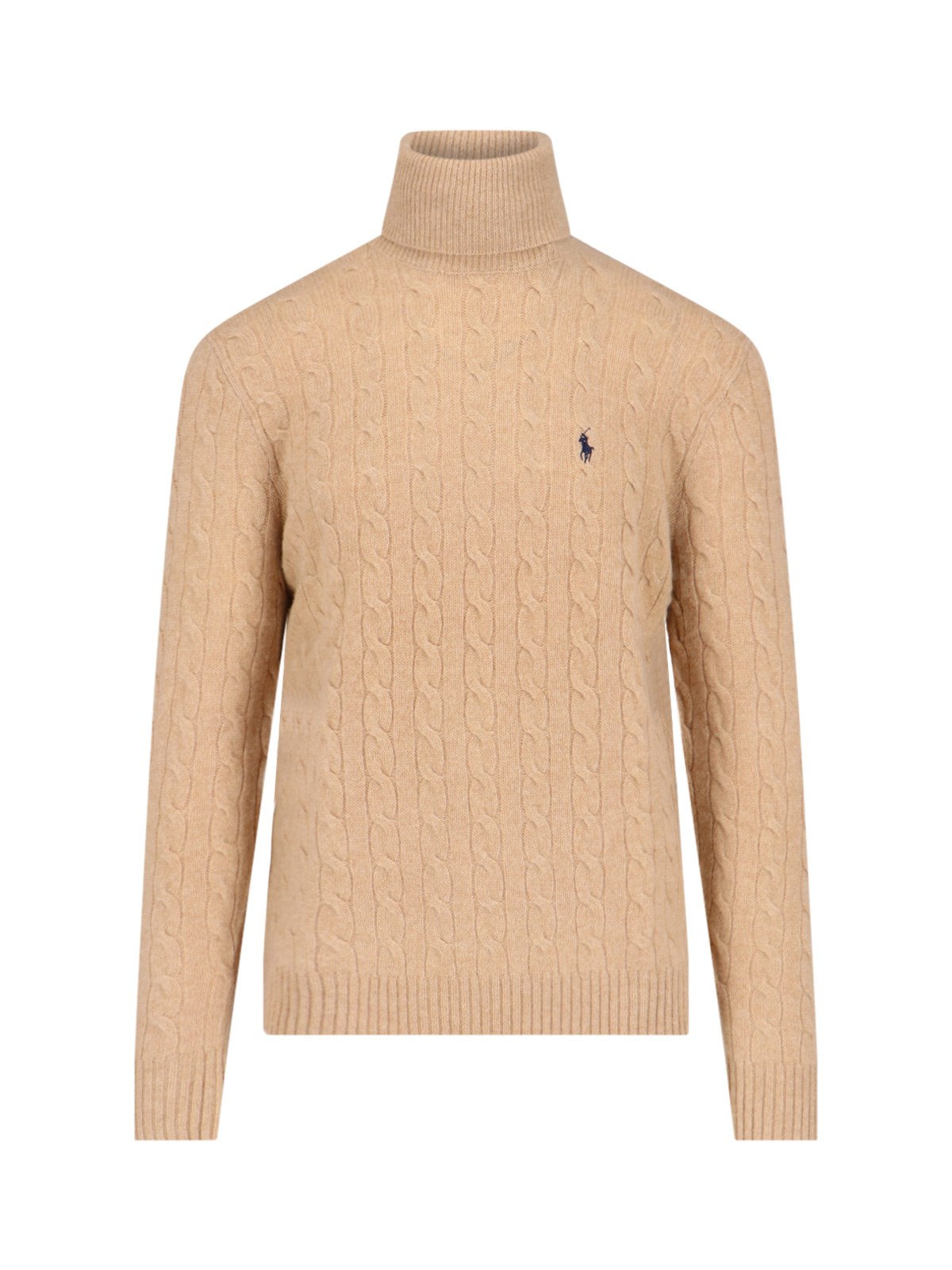 Polo Ralph Lauren Cable Knit Turtleneck Sweater With Embroidered Logo In Brown
